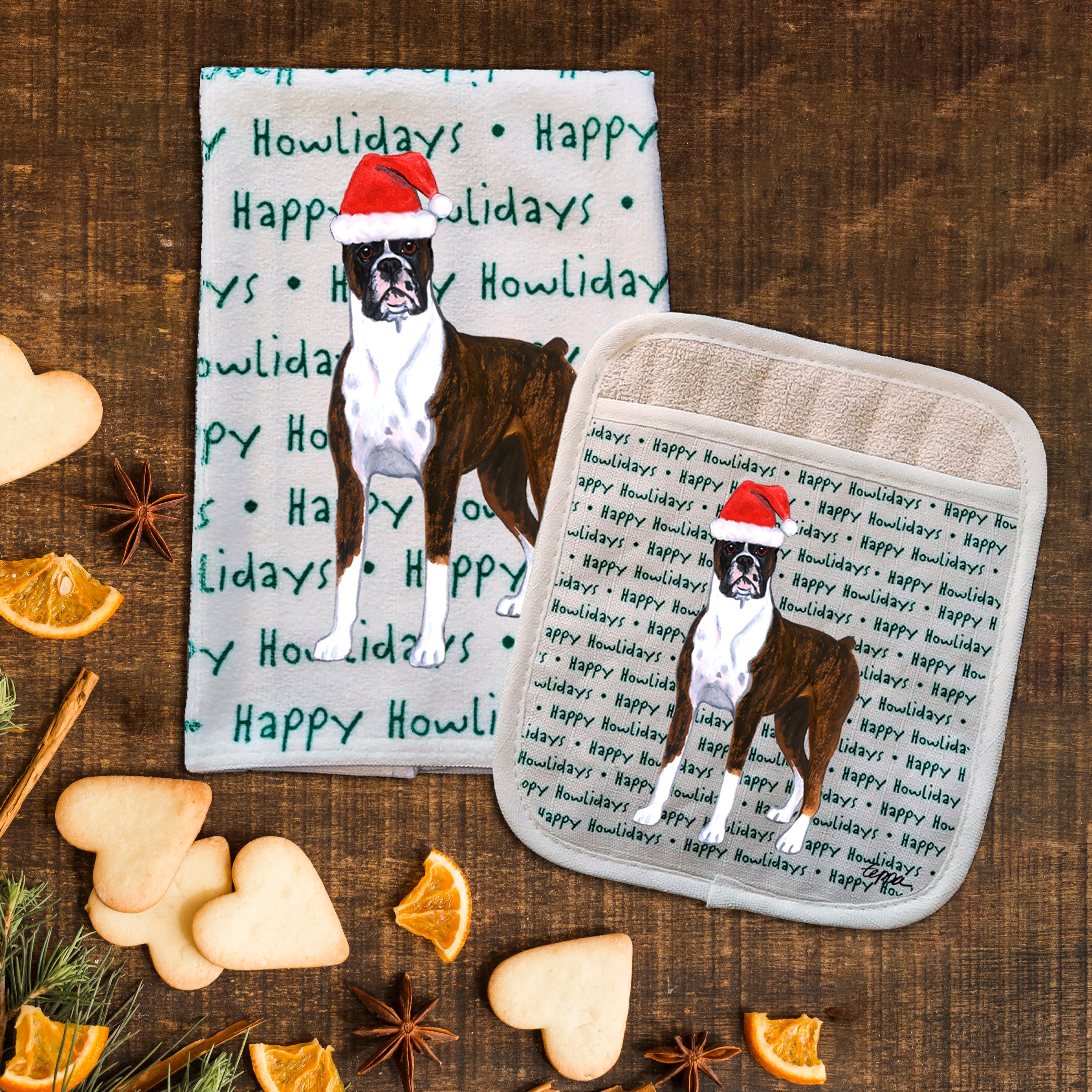 Boxer Standing Christmas Kitchen Textiles Set