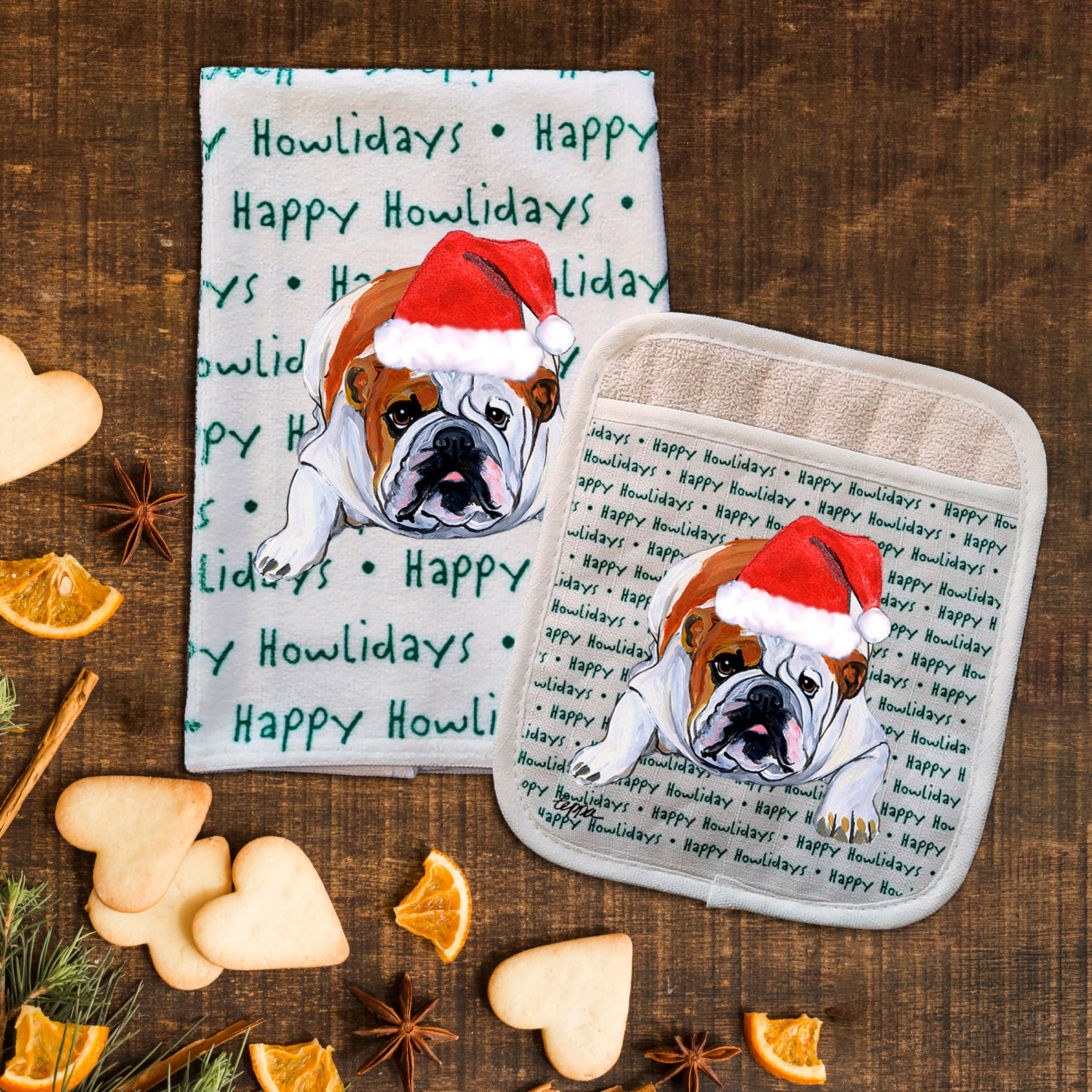 English Bulldog Christmas Kitchen Textiles Set