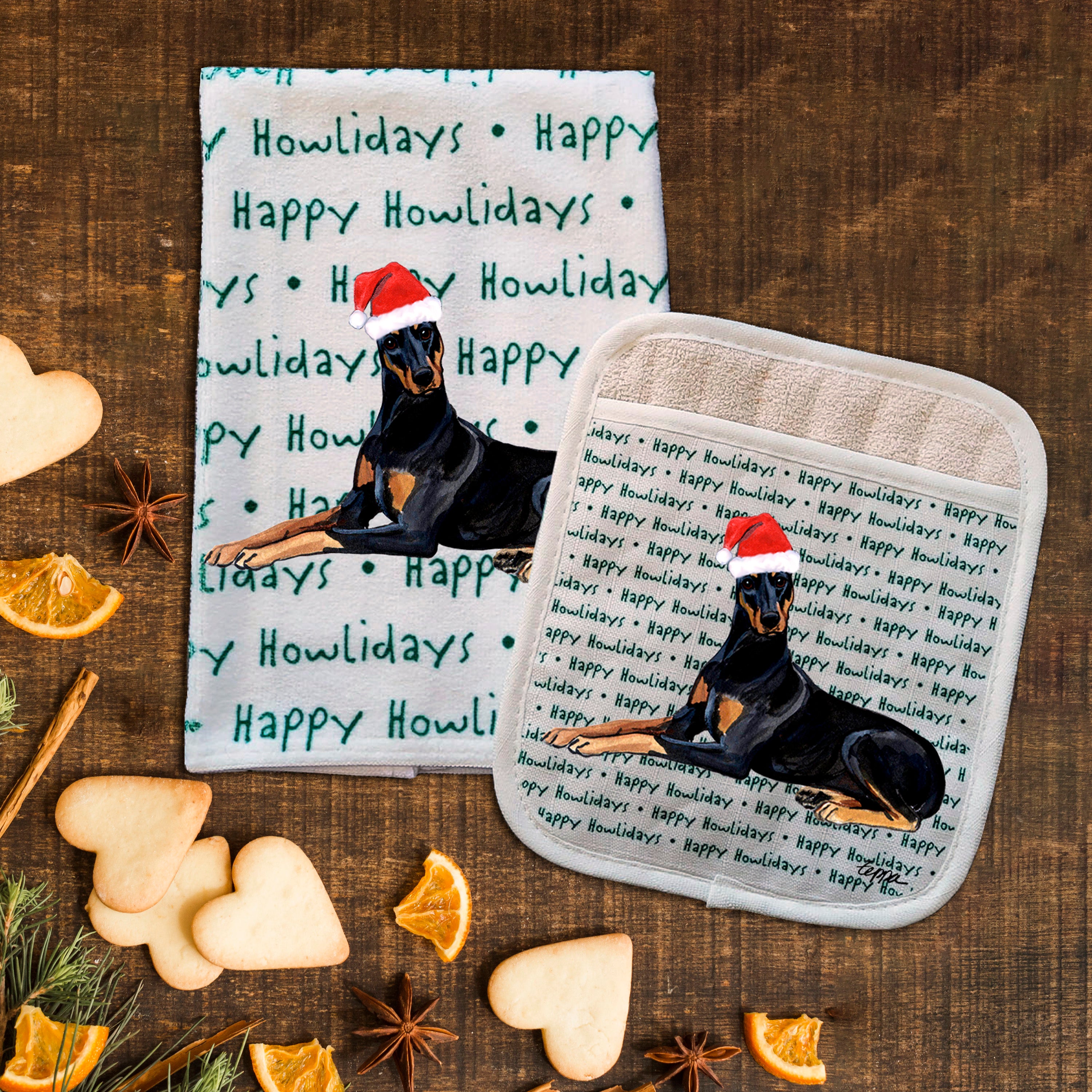Doberman Pincher Christmas Kitchen Textiles Set