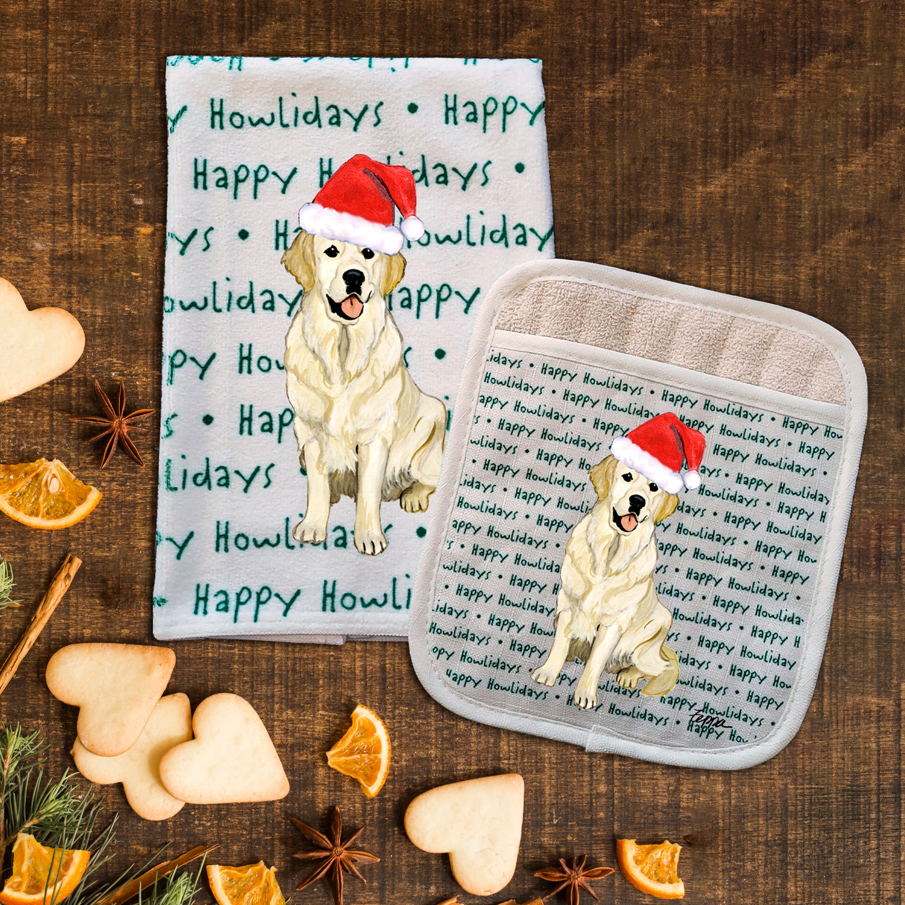 Golden Retriever Christmas Kitchen Textiles Set