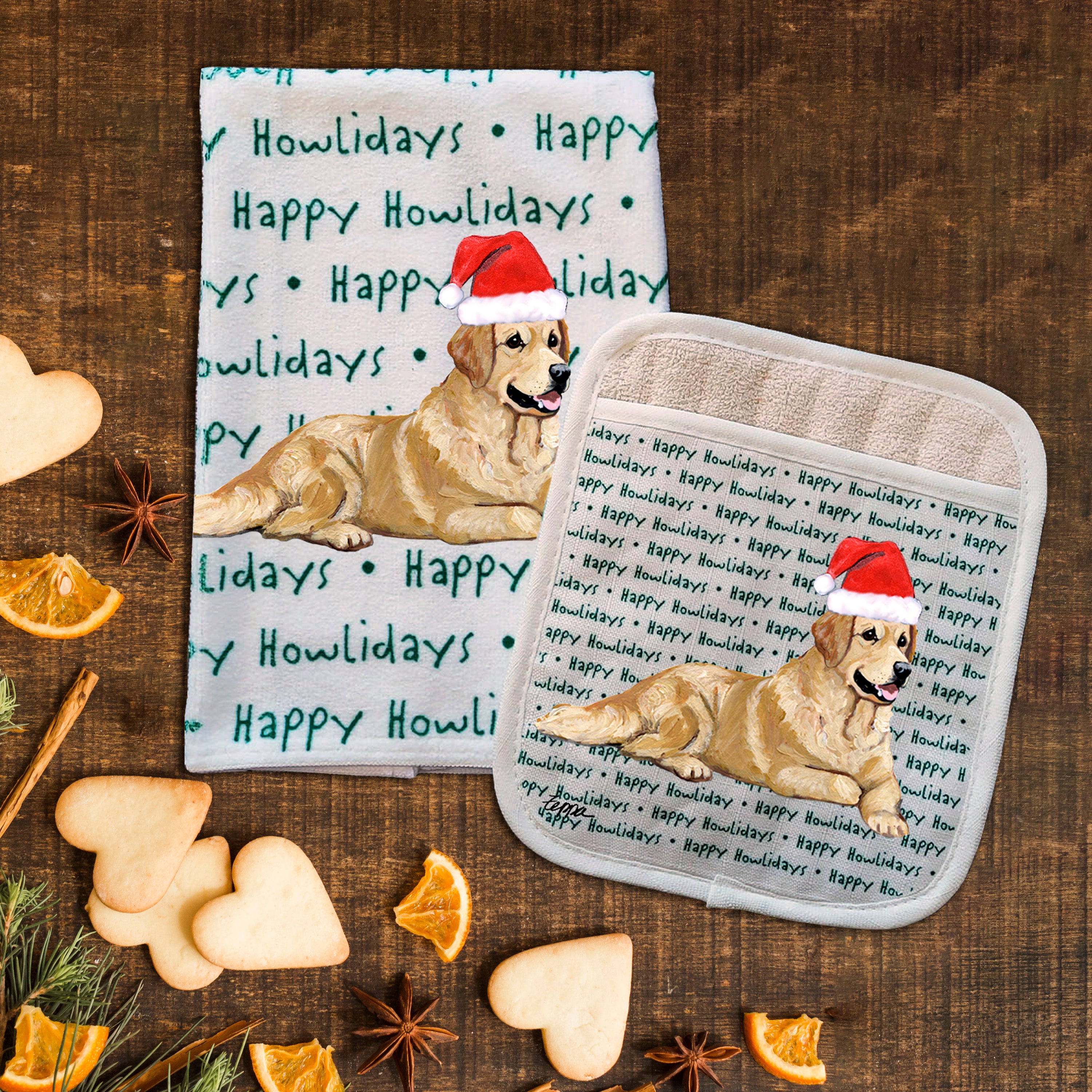Golden Retriever Christmas Kitchen Textiles Set
