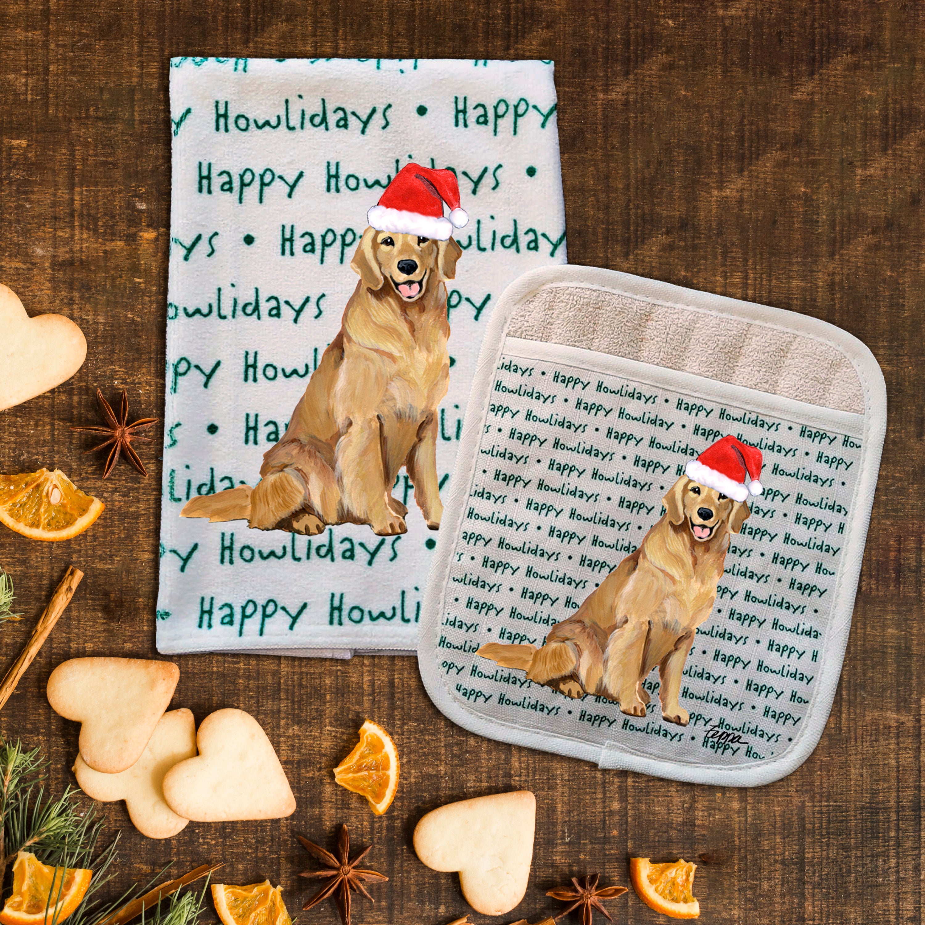 Golden Retriever Christmas Kitchen Textiles Set