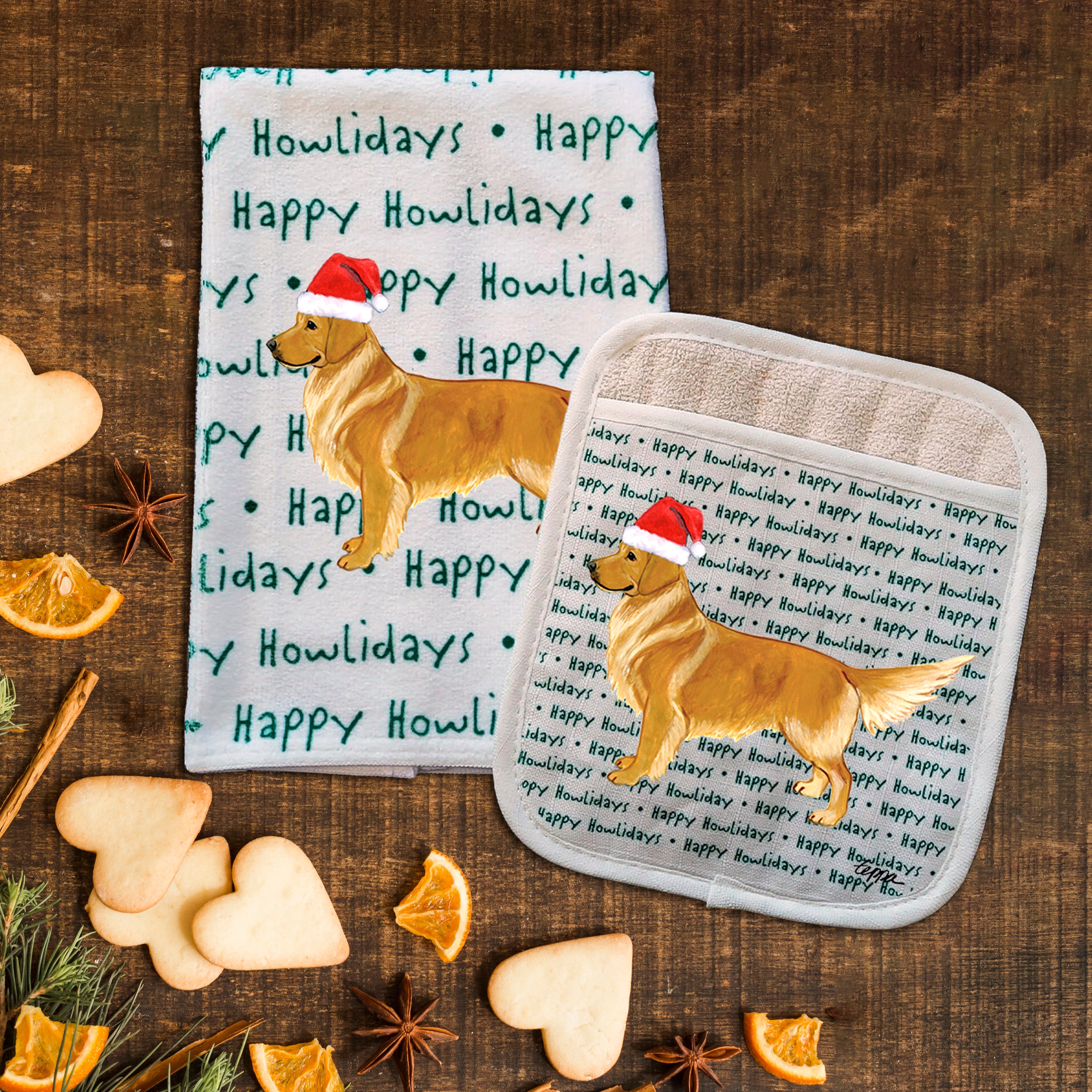 Golden Retriever Christmas Kitchen Textiles Set