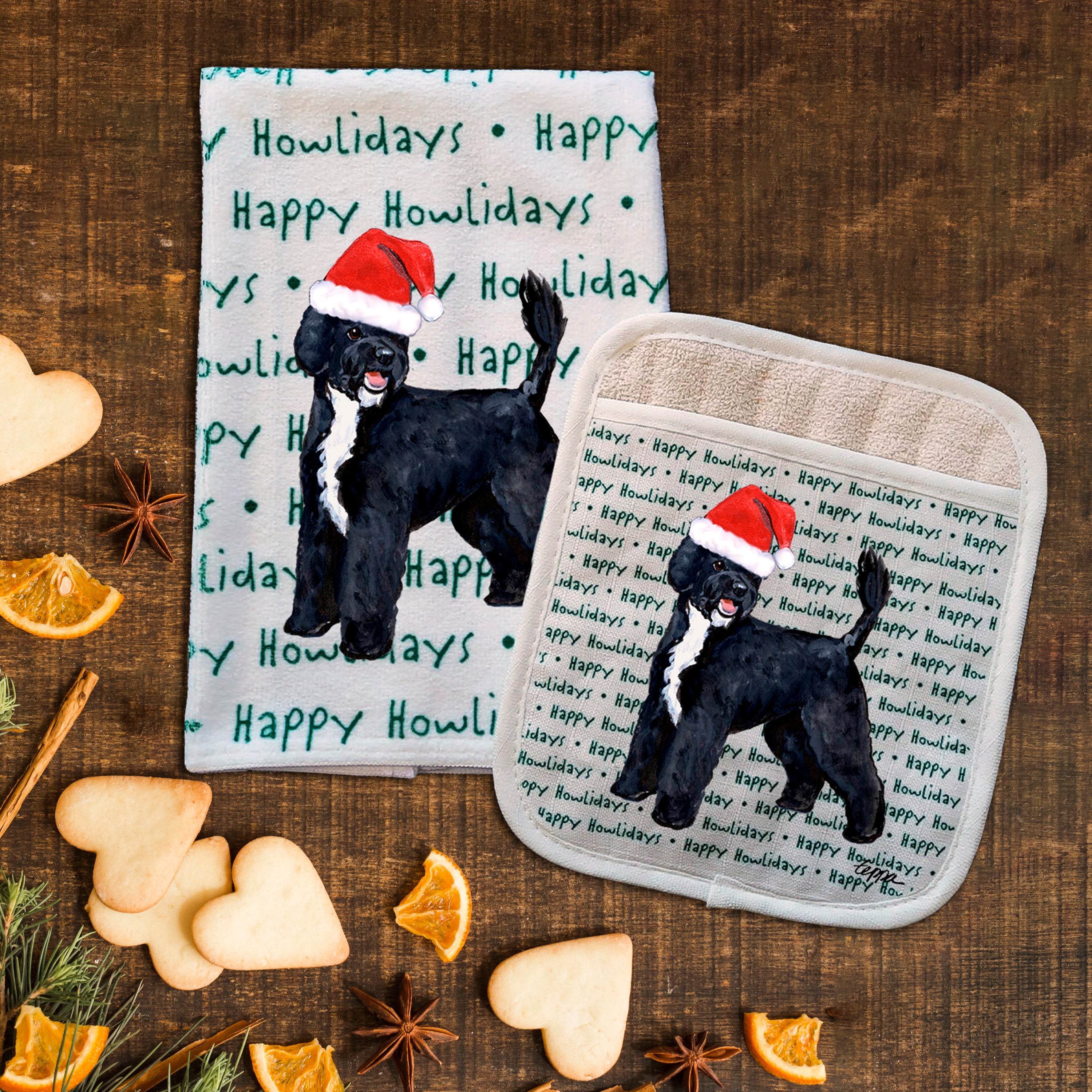 Portuguese Water Dog Black Christmas Kitchen Textiles Set