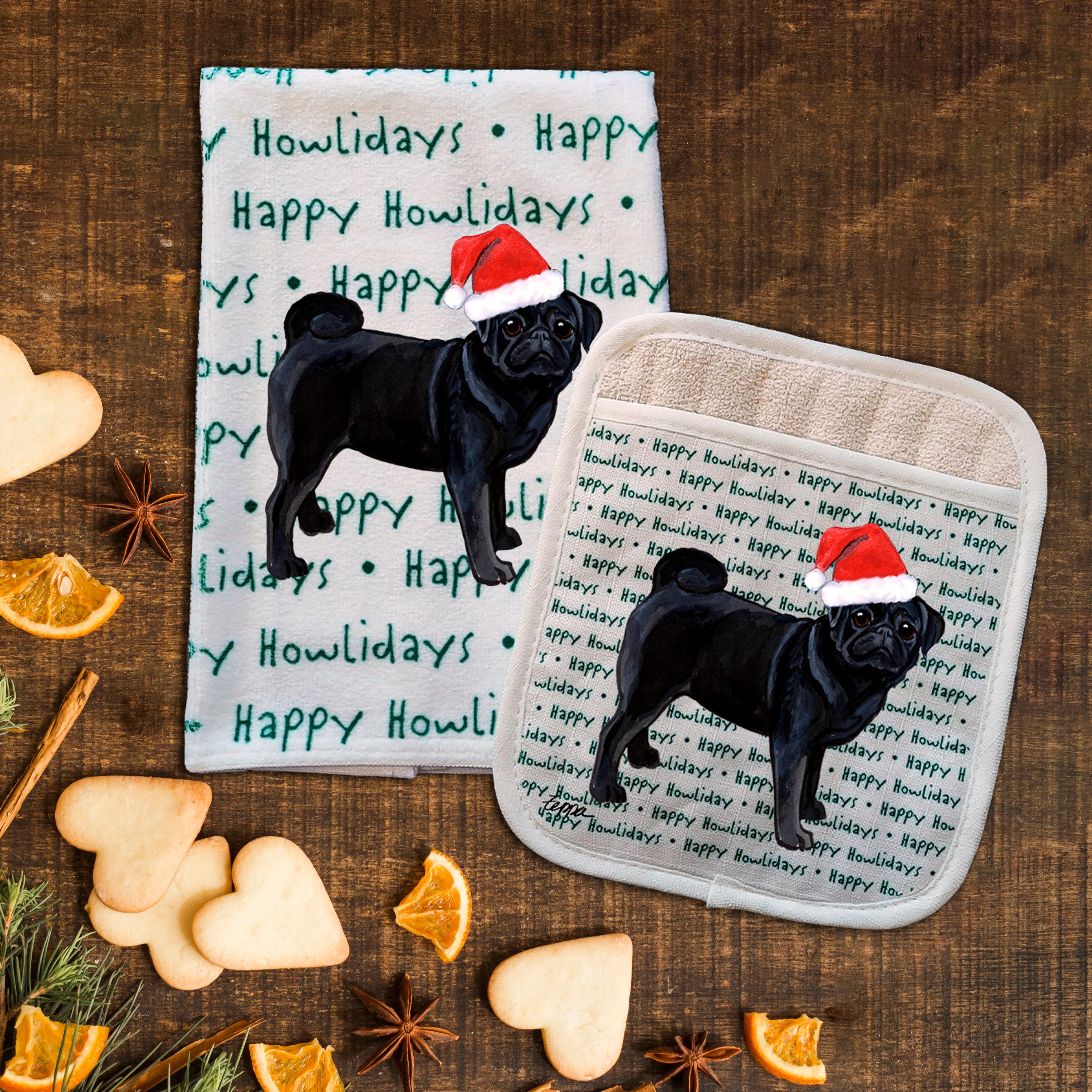 Pug Christmas Kitchen Textiles Set