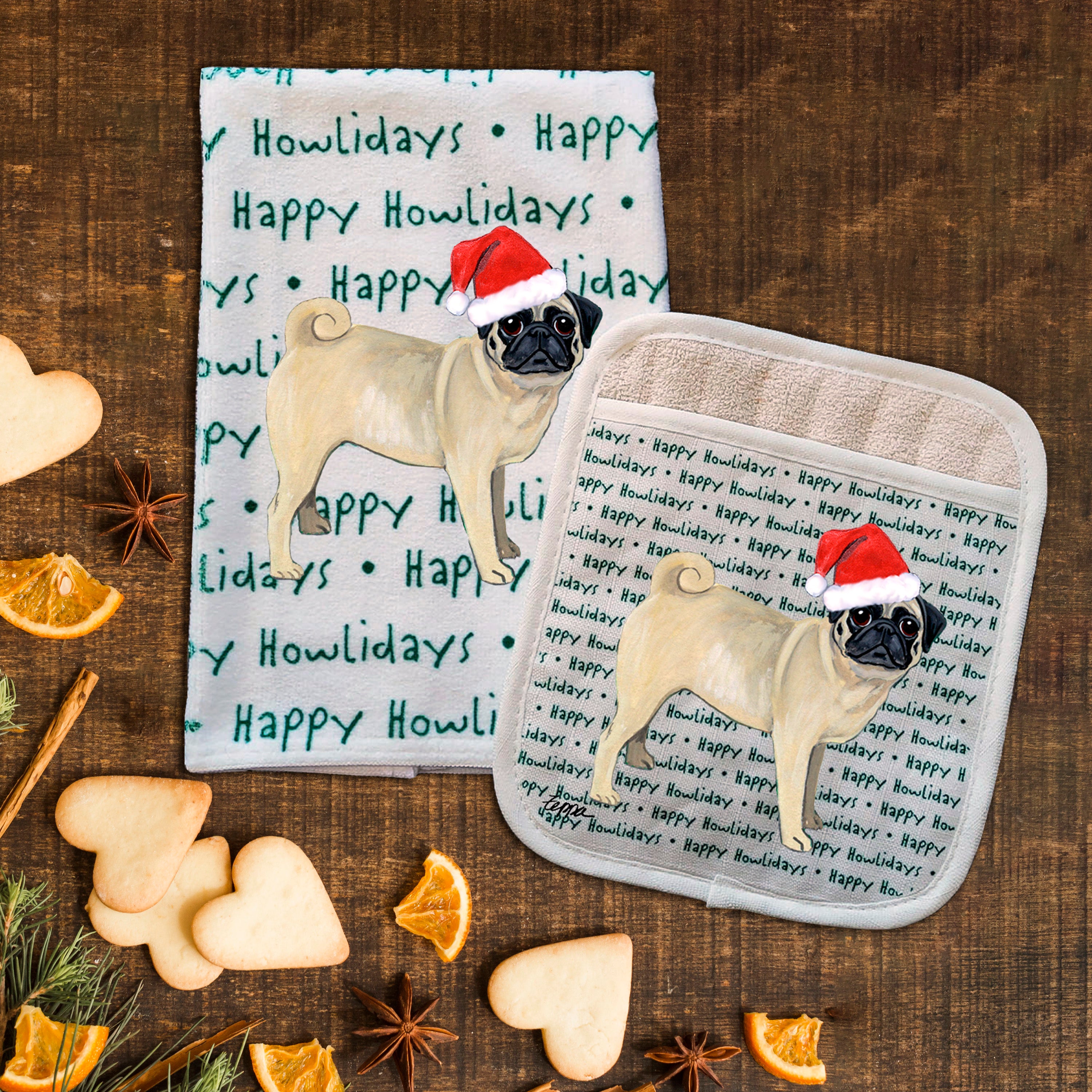 Pug Christmas Kitchen Textiles Set