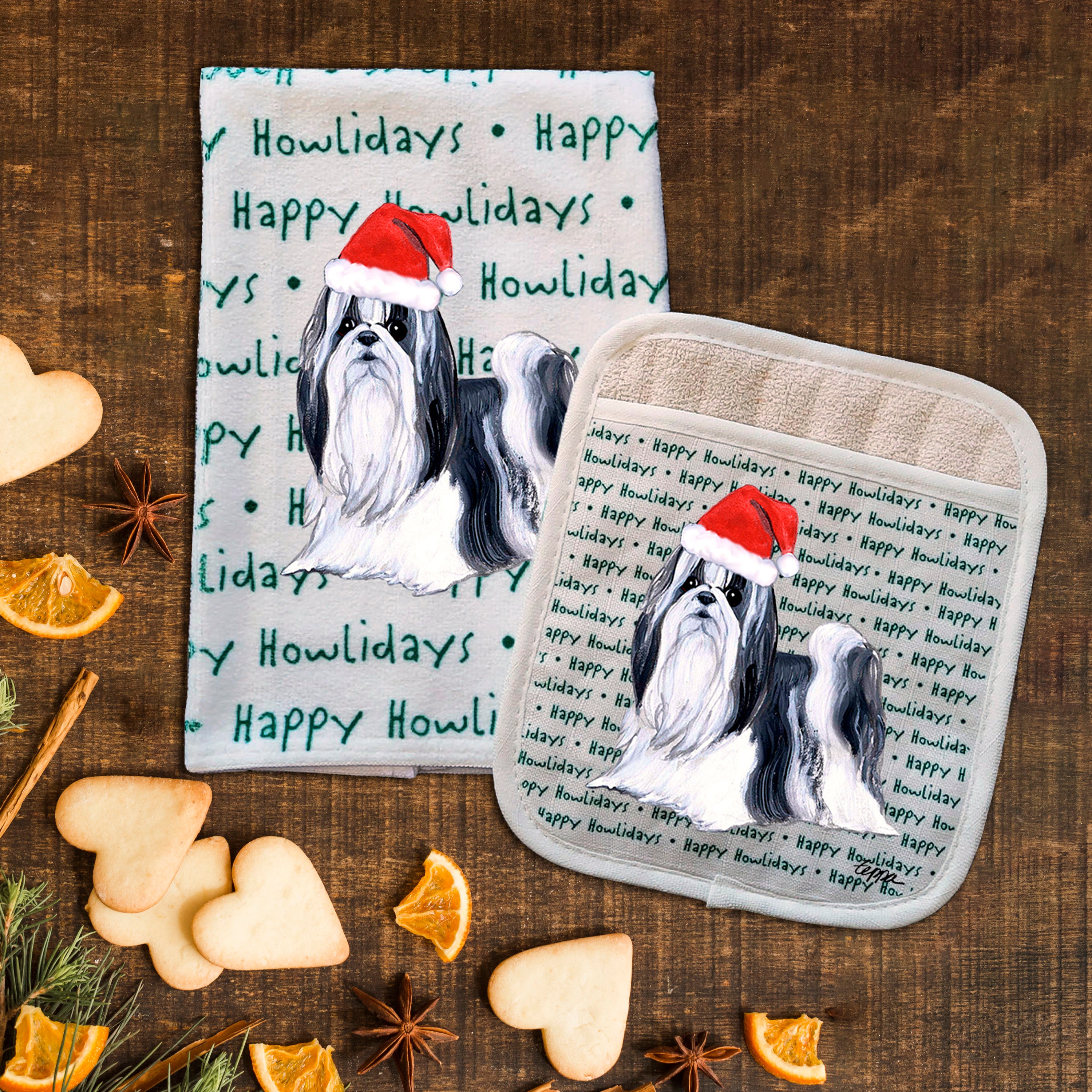 Shih Tzu Christmas Kitchen Textiles Set