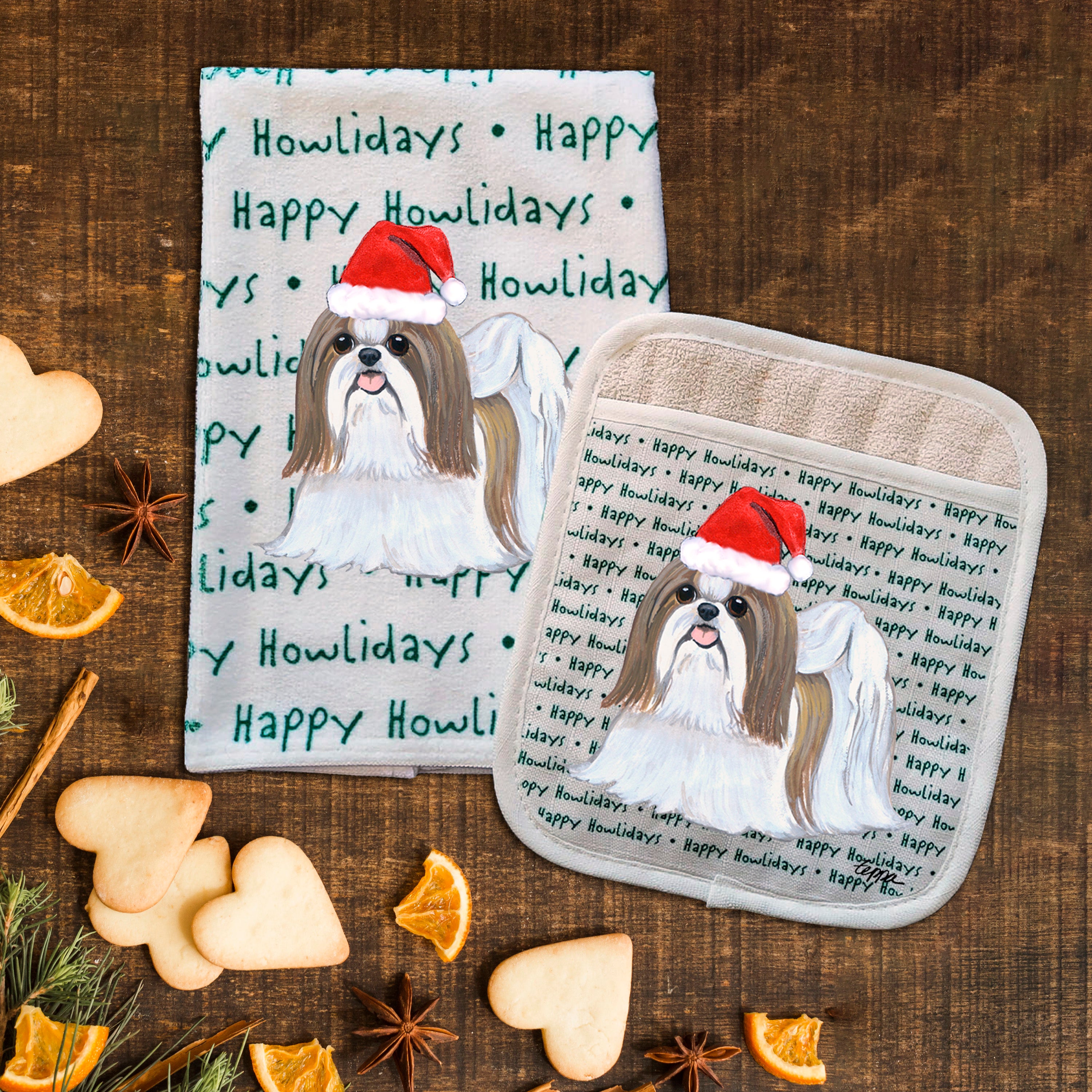 Shih Tzu Christmas Kitchen Textiles Set