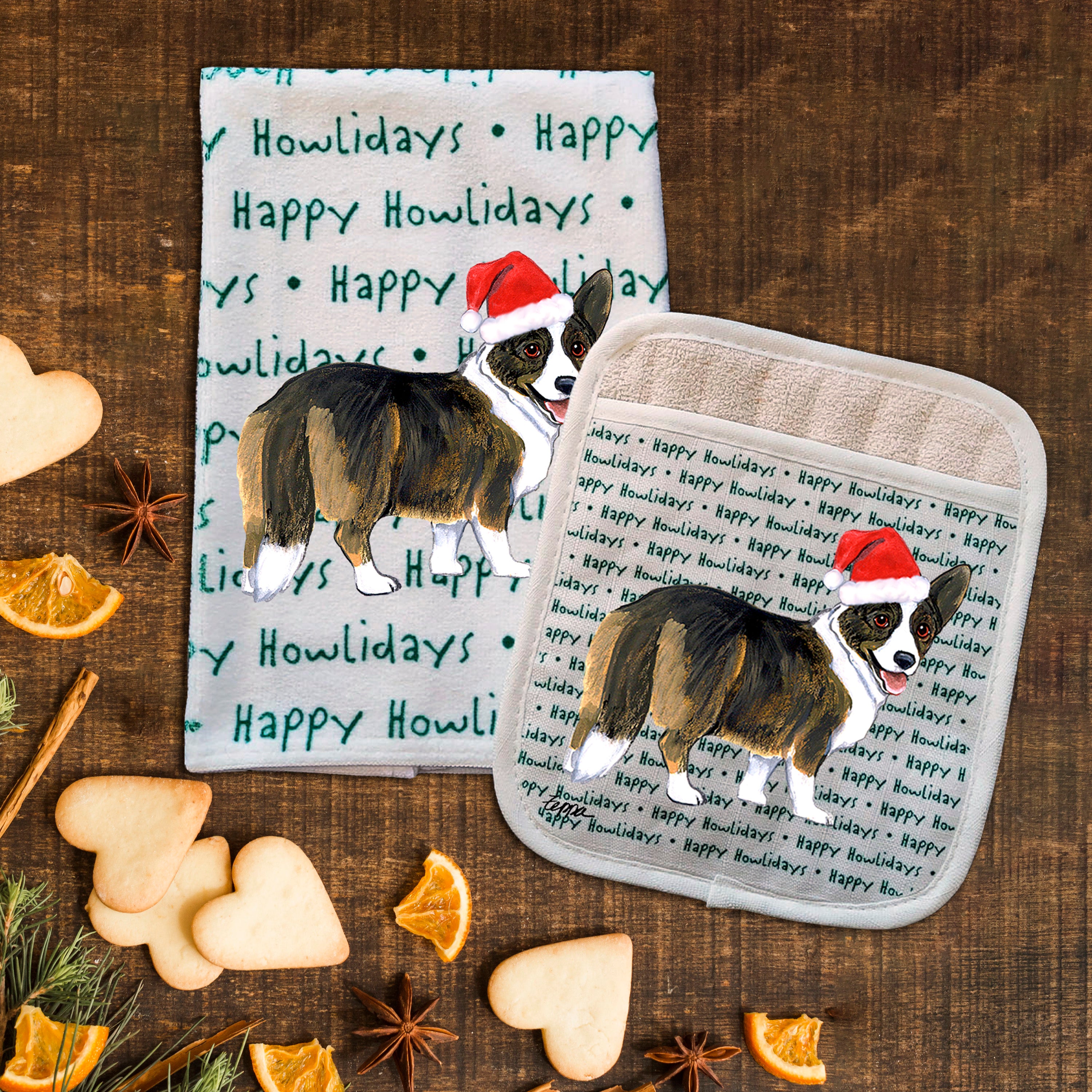 Welsh Corgi Cardigan    Christmas Kitchen Textiles Set