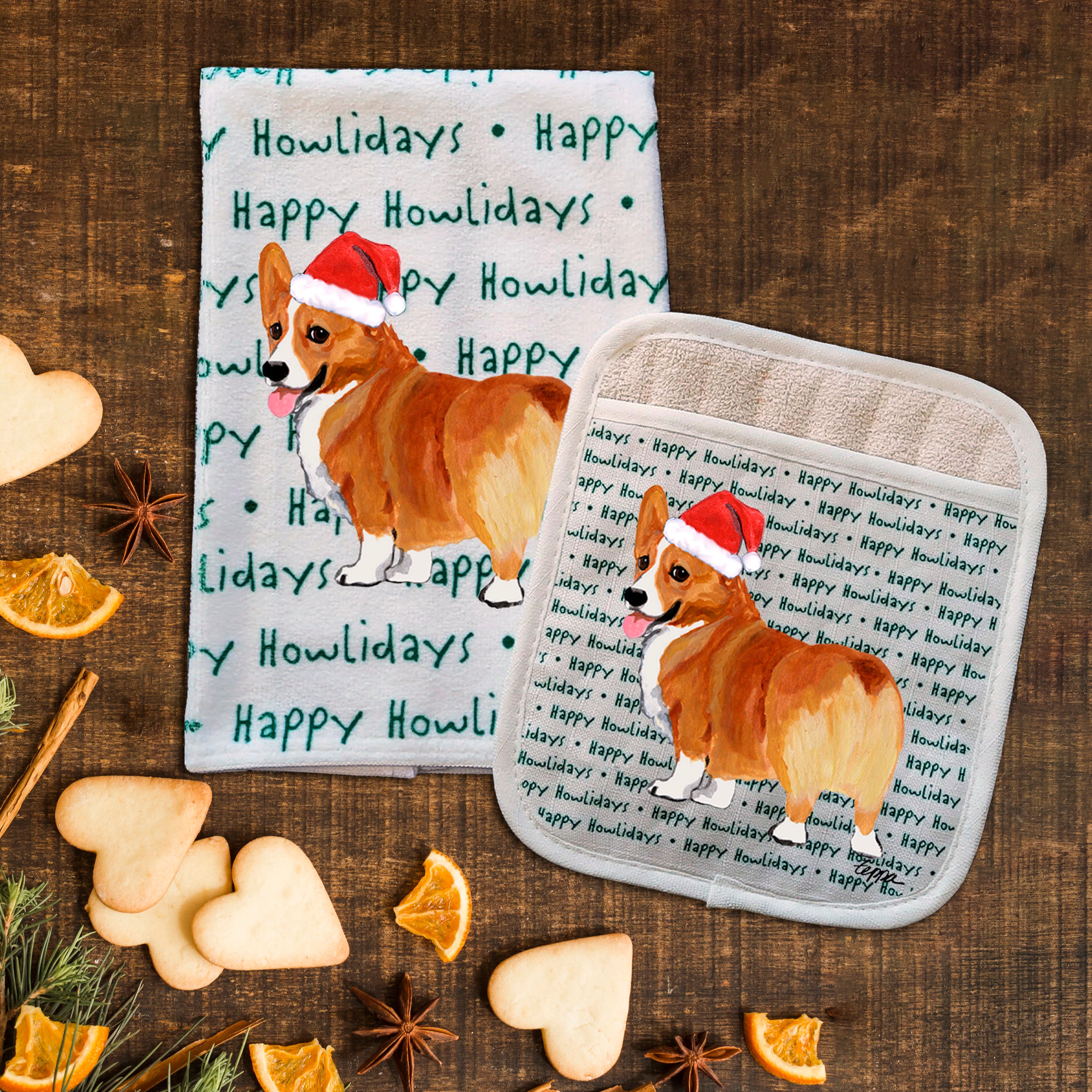 Welsh Corgi Pembroke Christmas Kitchen Textiles Set