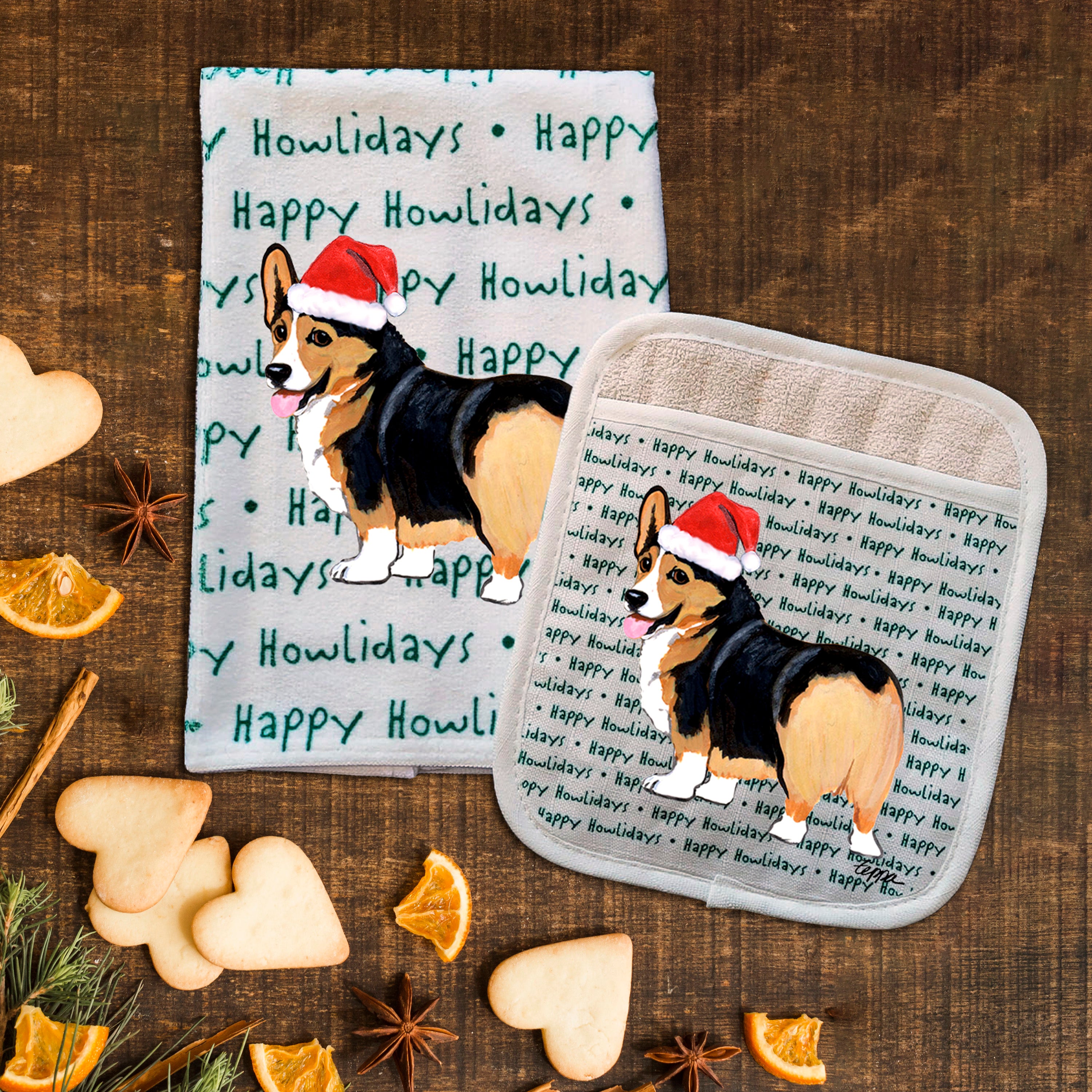 Welsh Corgi Pembroke Christmas Kitchen Textiles Set