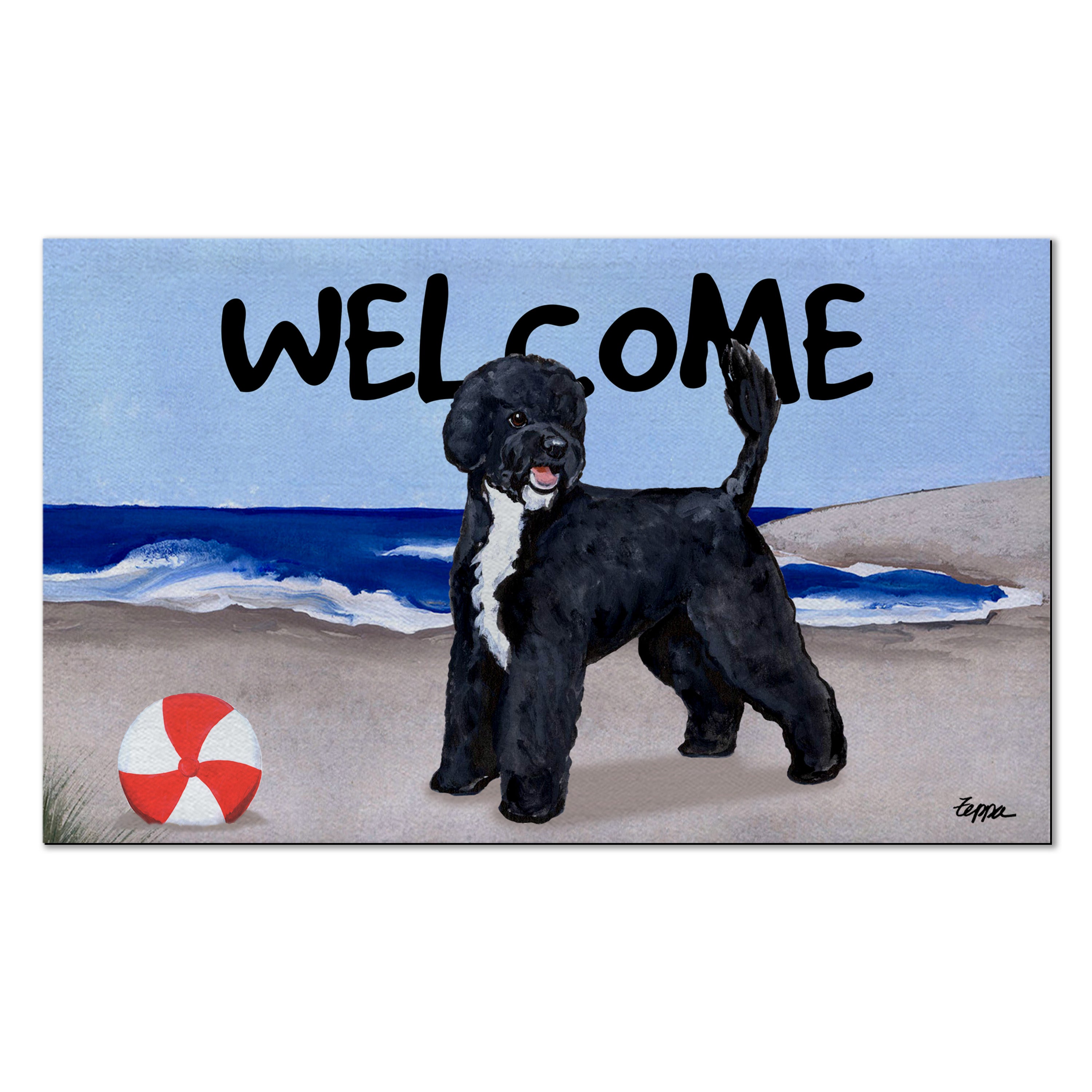 Portuguese Water Dog Black Welcome Mat