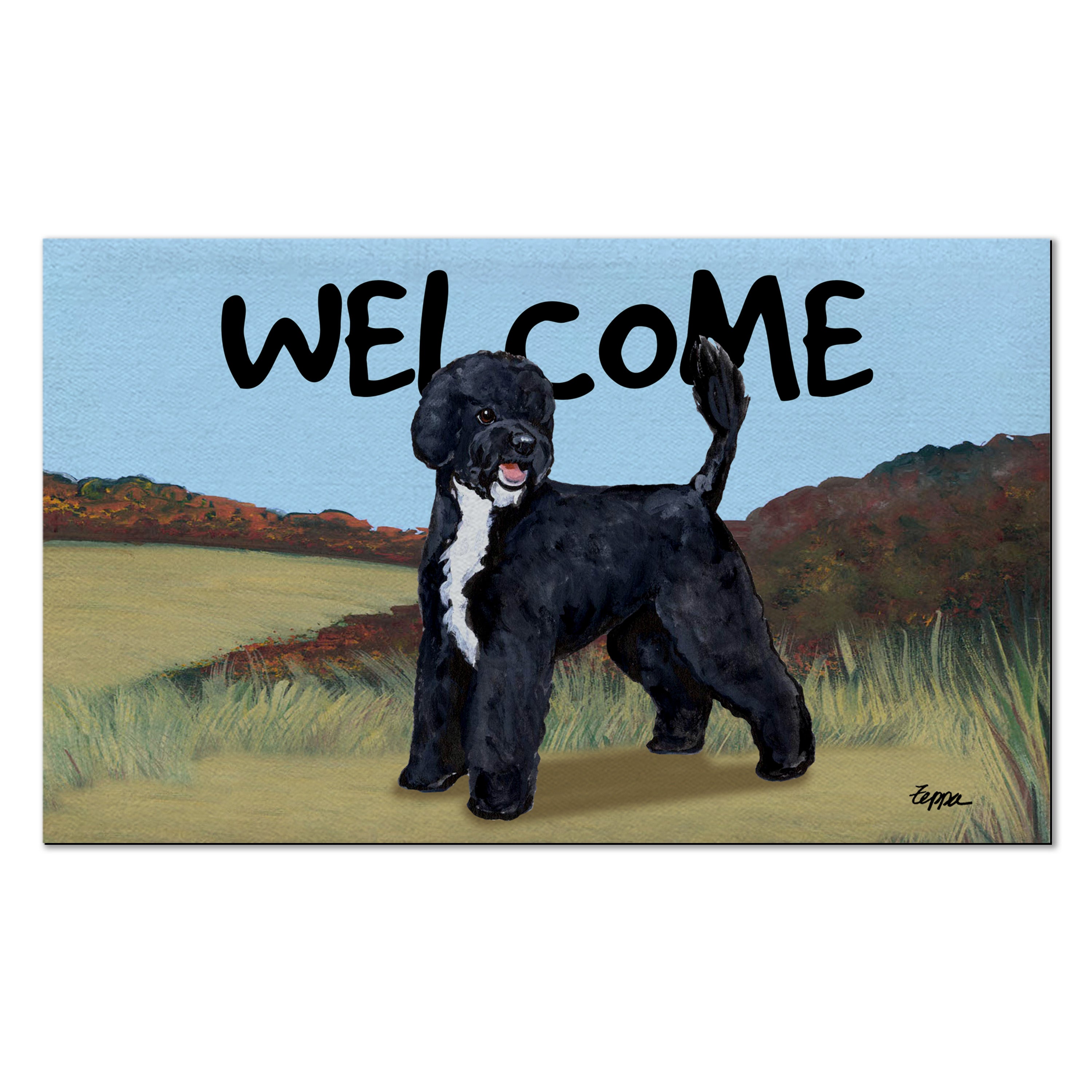 Portuguese Water Dog Black Welcome Mat
