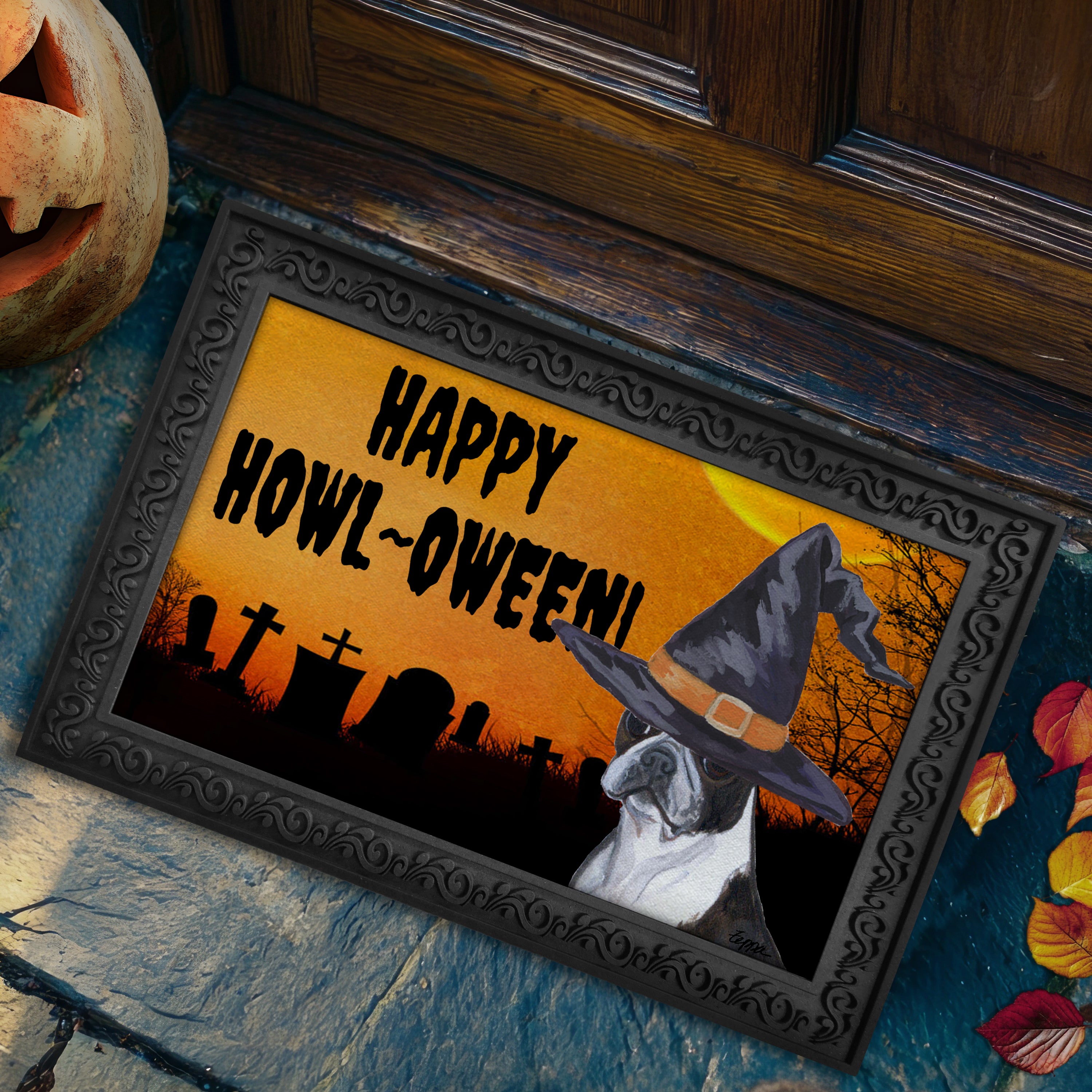 Boston Terrier Halloween Welcome Mat