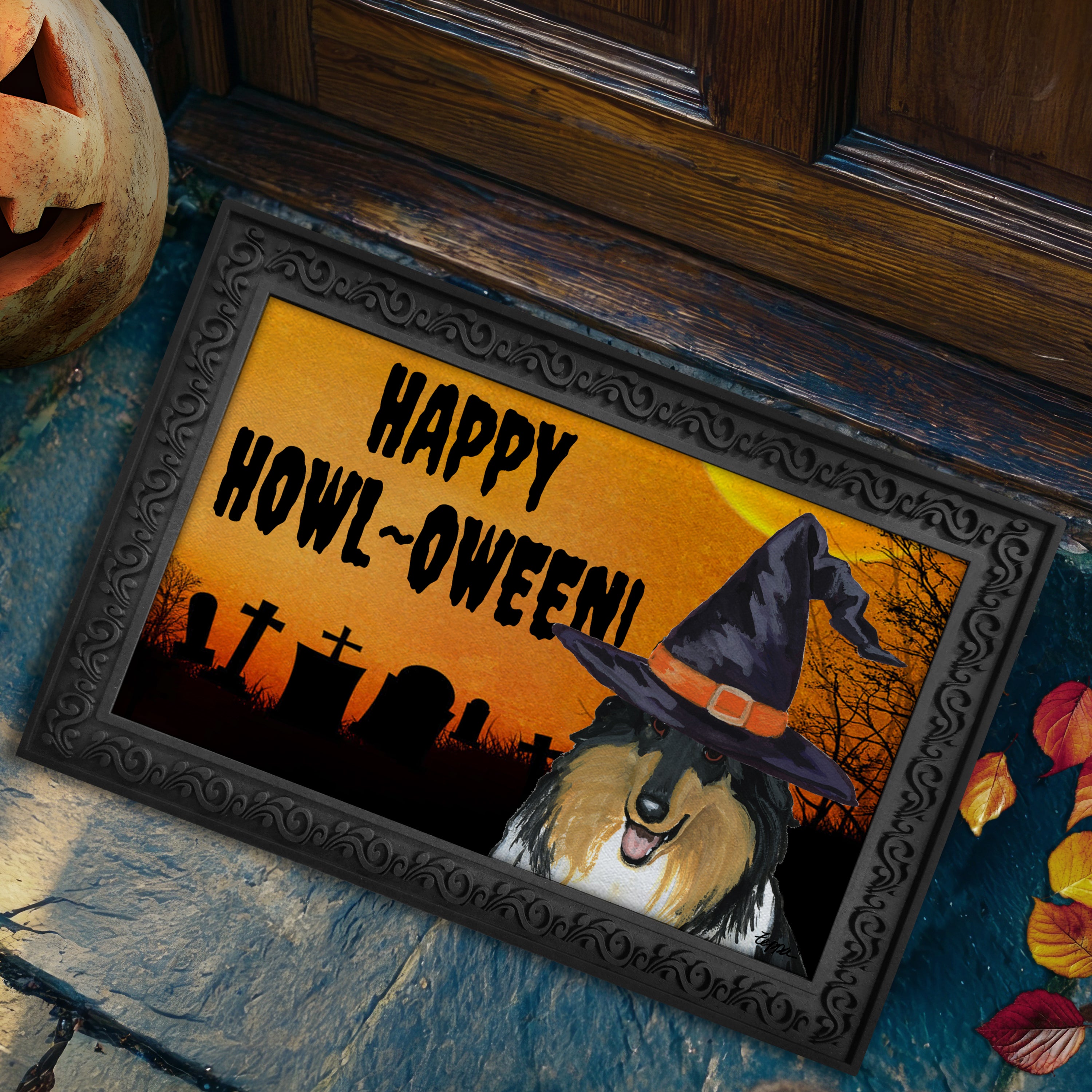 Collie Halloween Welcome Mat