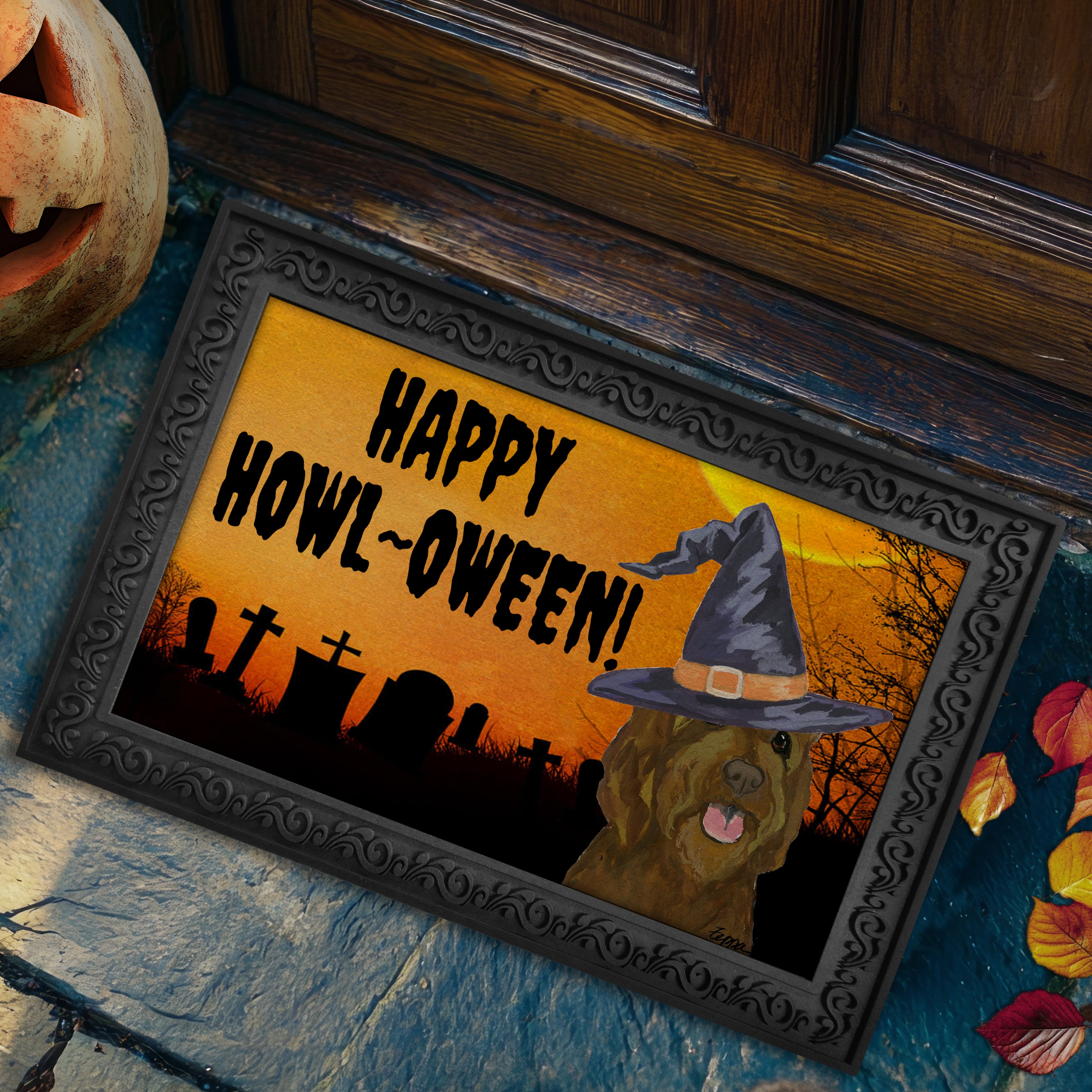 Golden-Labra Doodle Halloween Welcome Mat