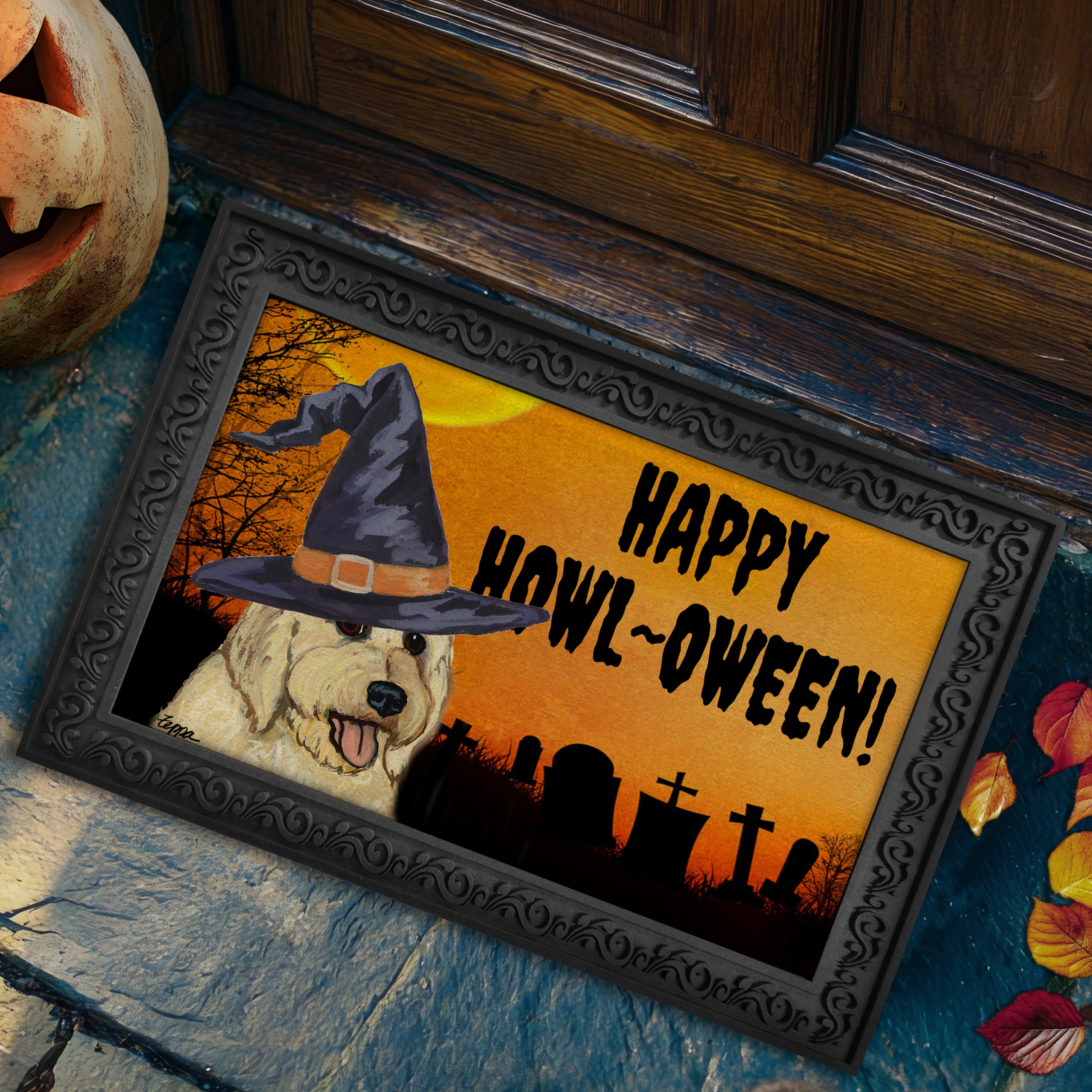 Golden-Labra Doodle Halloween Welcome Mat