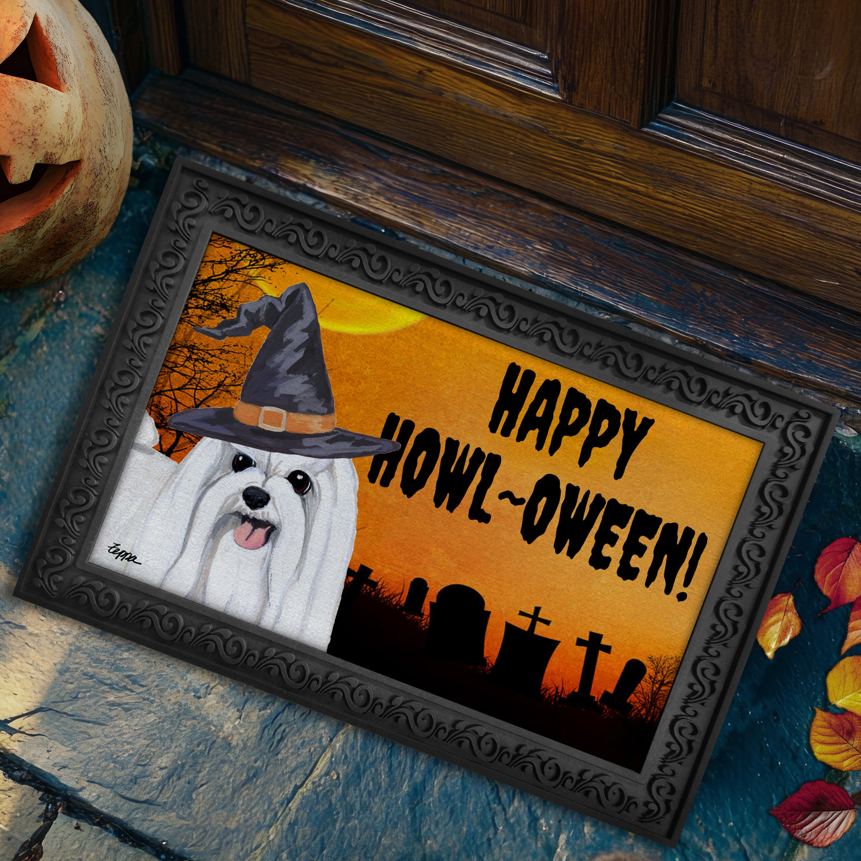 Maltese Halloween Welcome Mat