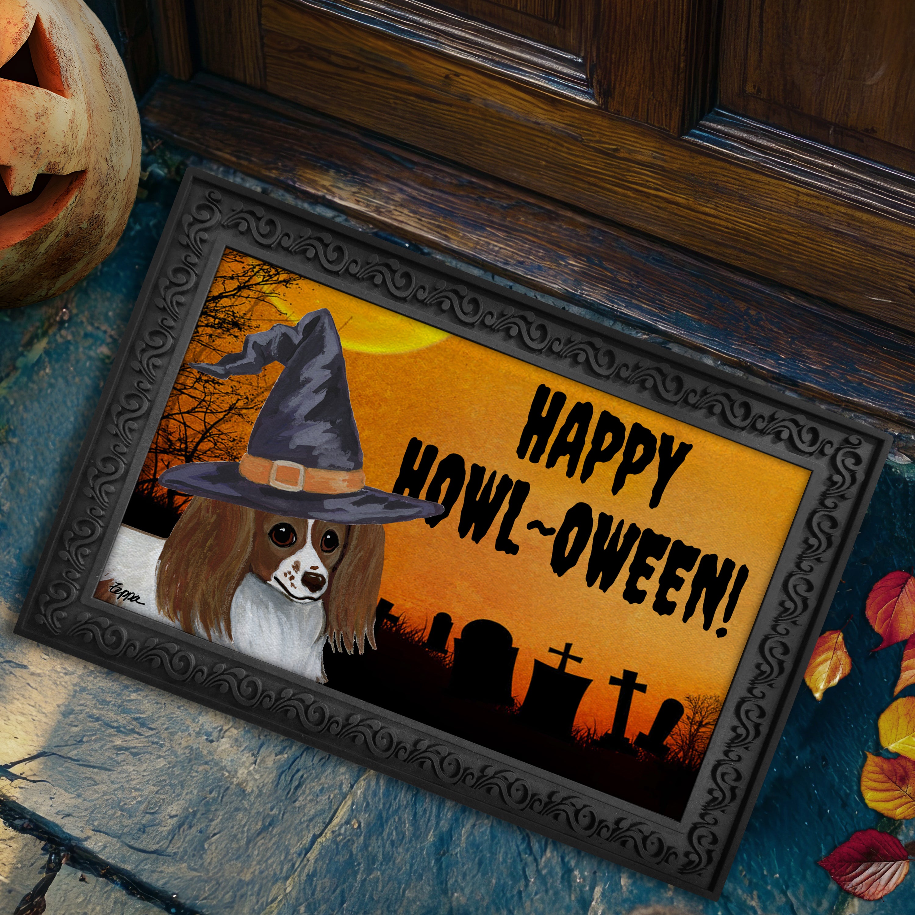 Papillon Halloween Welcome Mat
