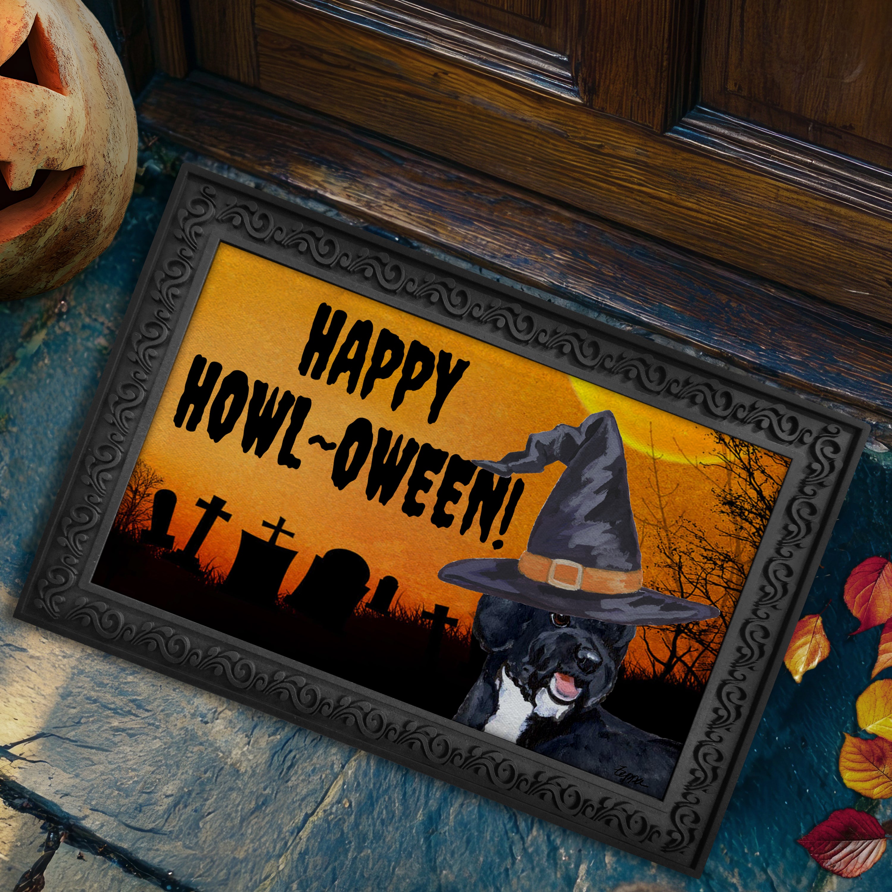 Portuguese Water Dog Black Halloween Welcome Mat