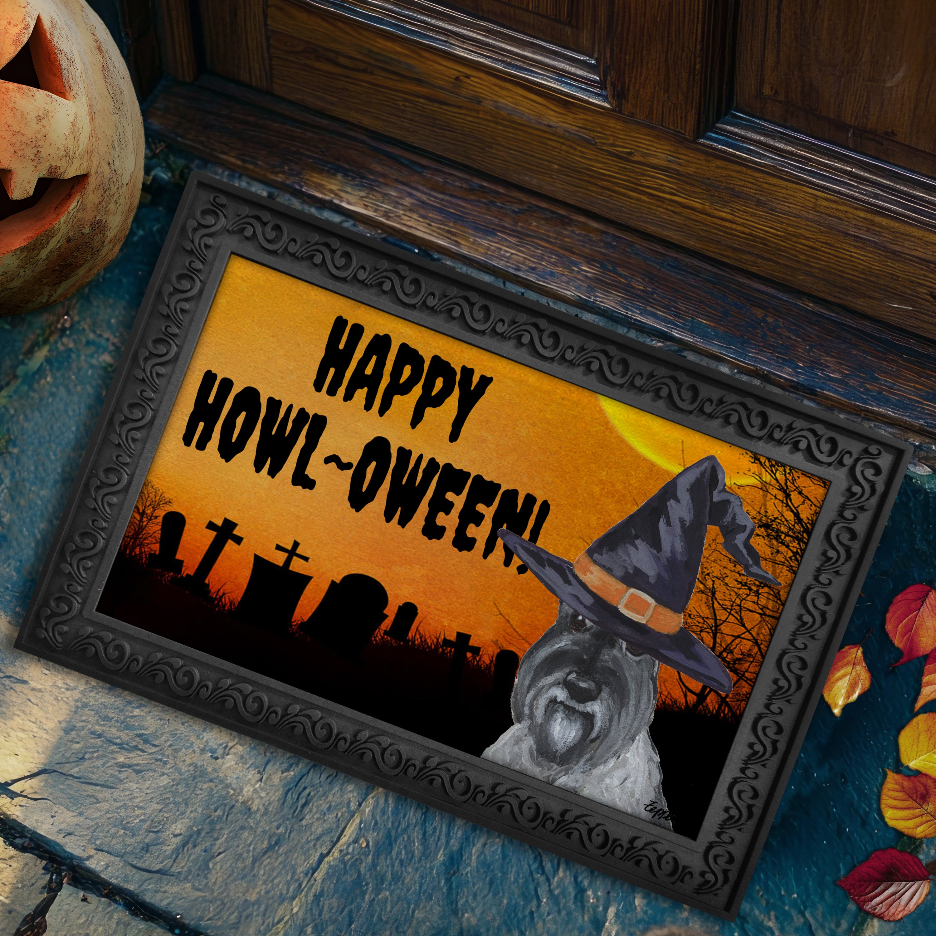Mini Schnauzer Halloween Welcome Mat