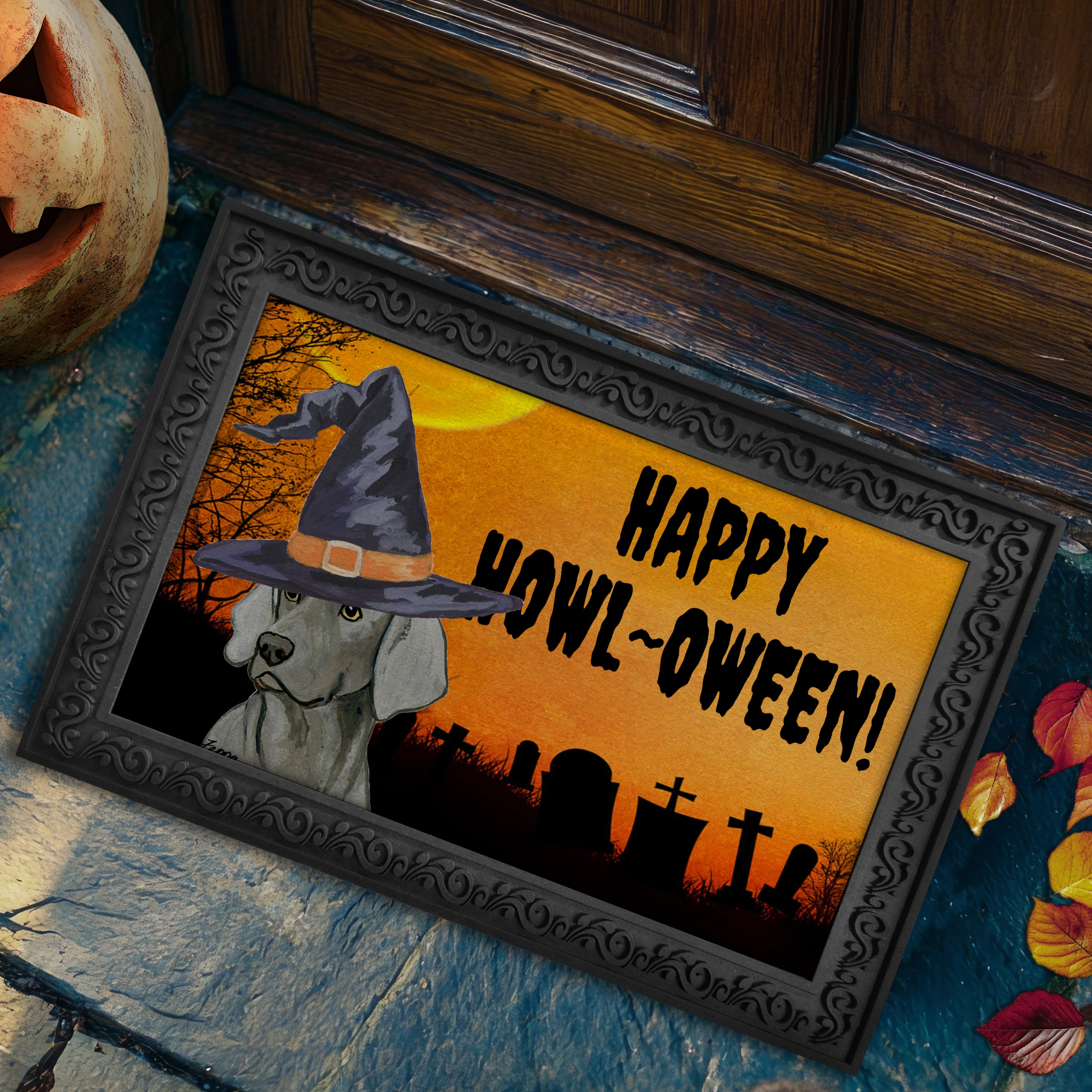Weimaraner Sitting Halloween Welcome Mat