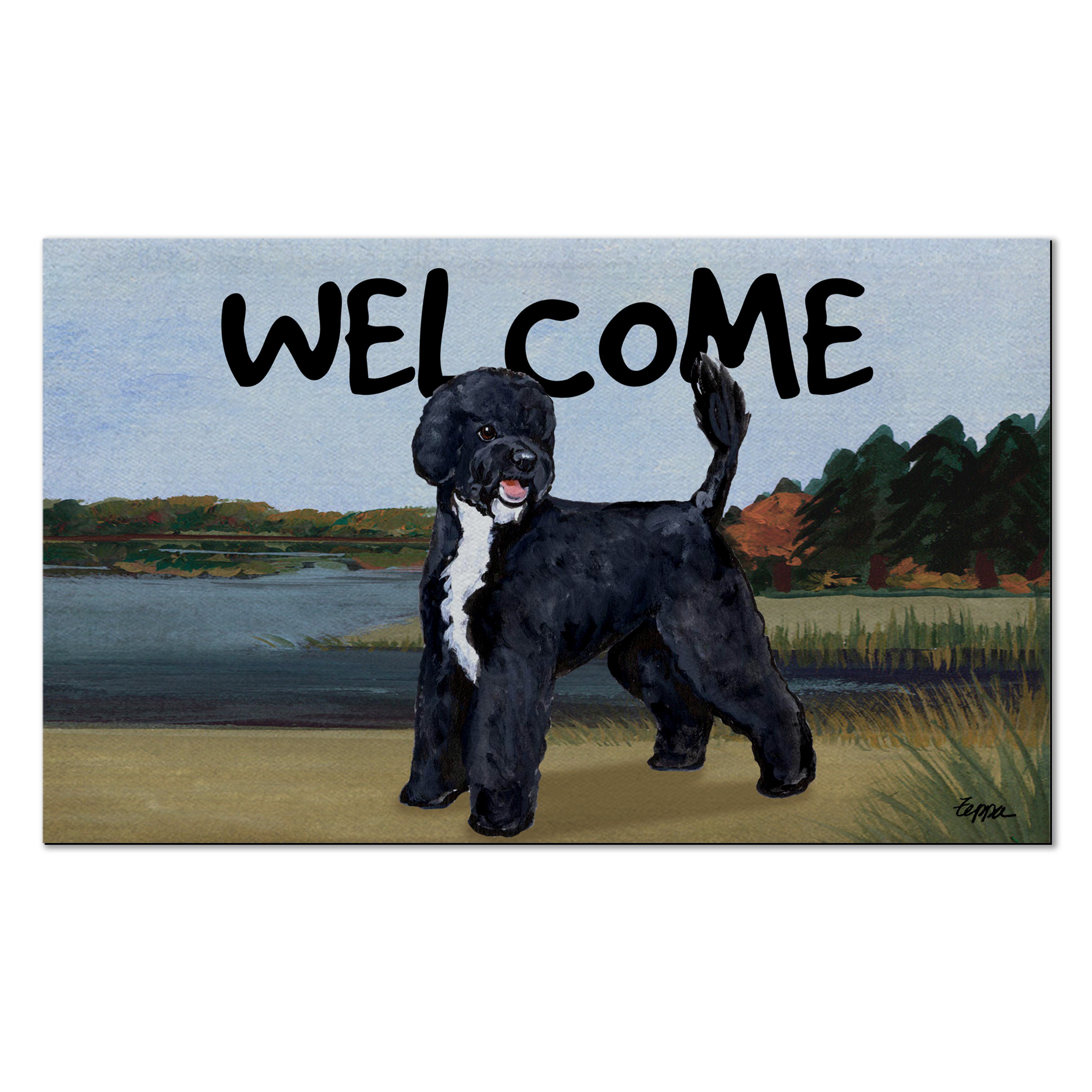 Portuguese Water Dog Black Welcome Mat