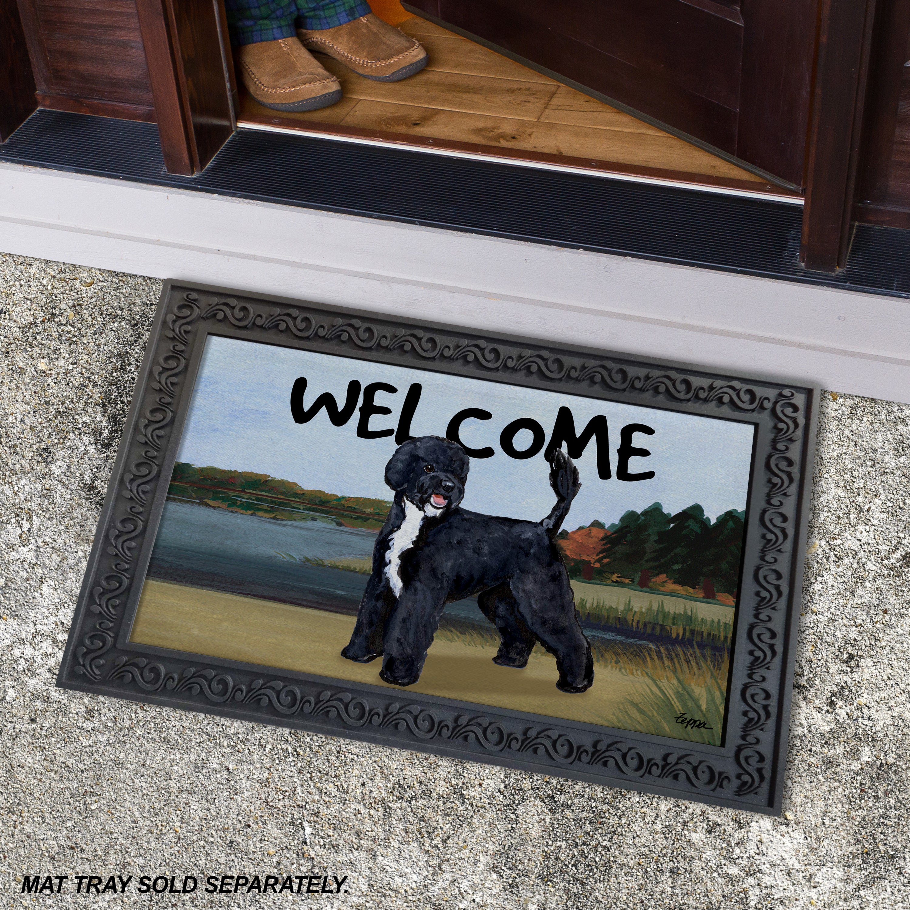 Portuguese Water Dog Black Welcome Mat