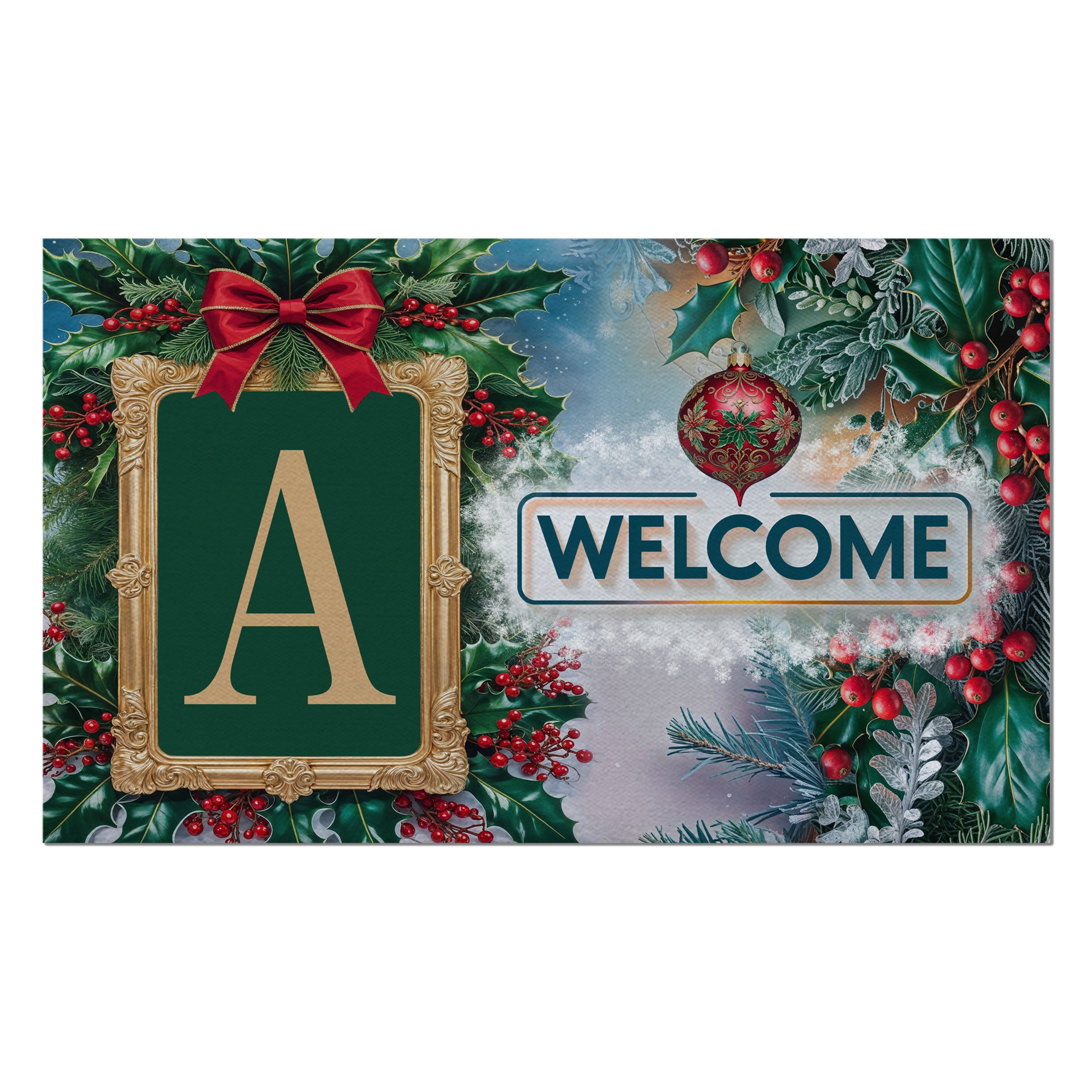 Christmas, Holly Berries Frame, Monogram, Welcome Mat