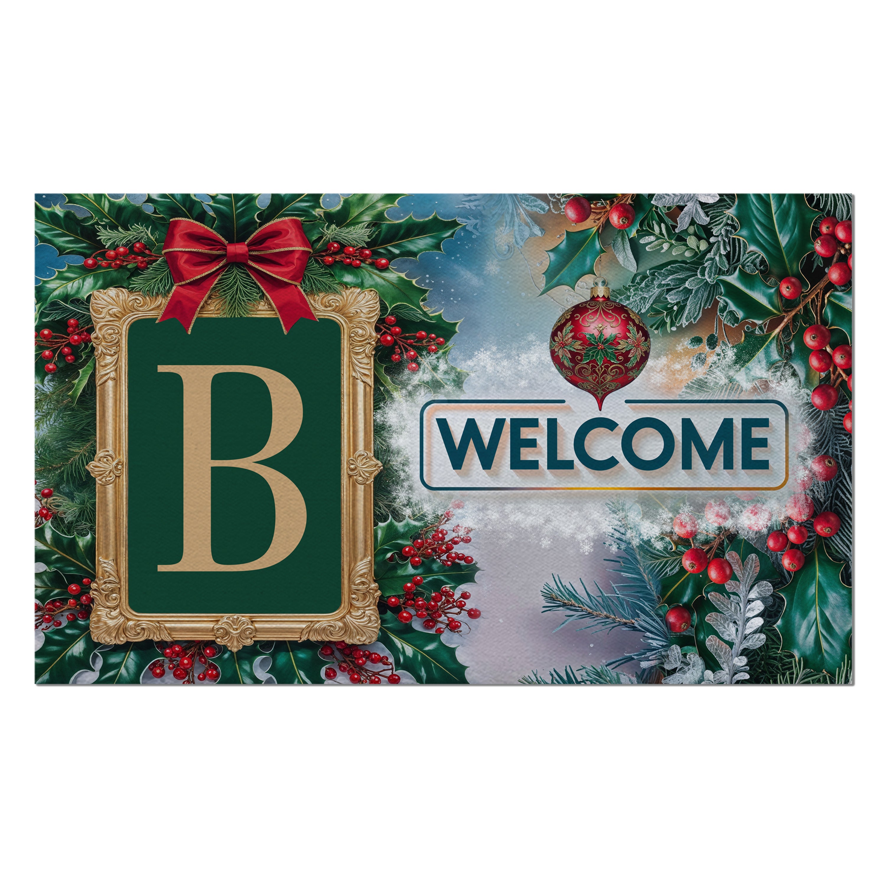 Christmas, Holly Berries Frame, Monogram, Welcome Mat