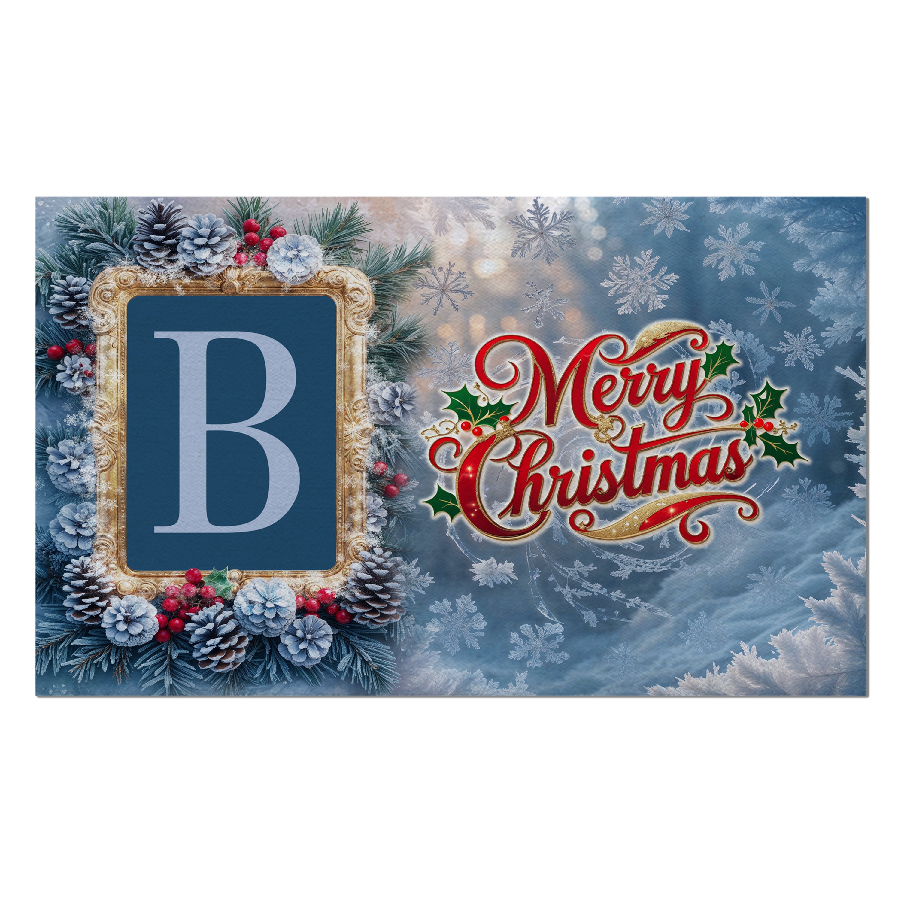 Christmas, Snowy Pine Cones, Monogram, Welcome Mat