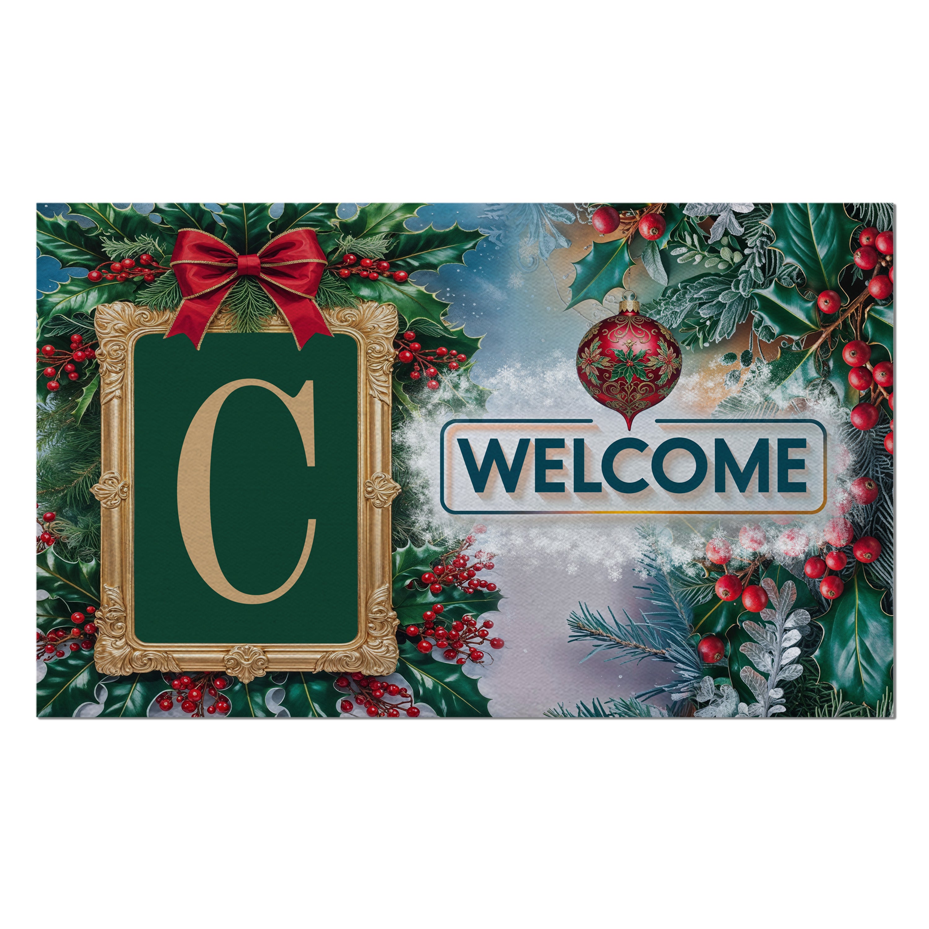 Christmas, Holly Berries Frame, Monogram, Welcome Mat