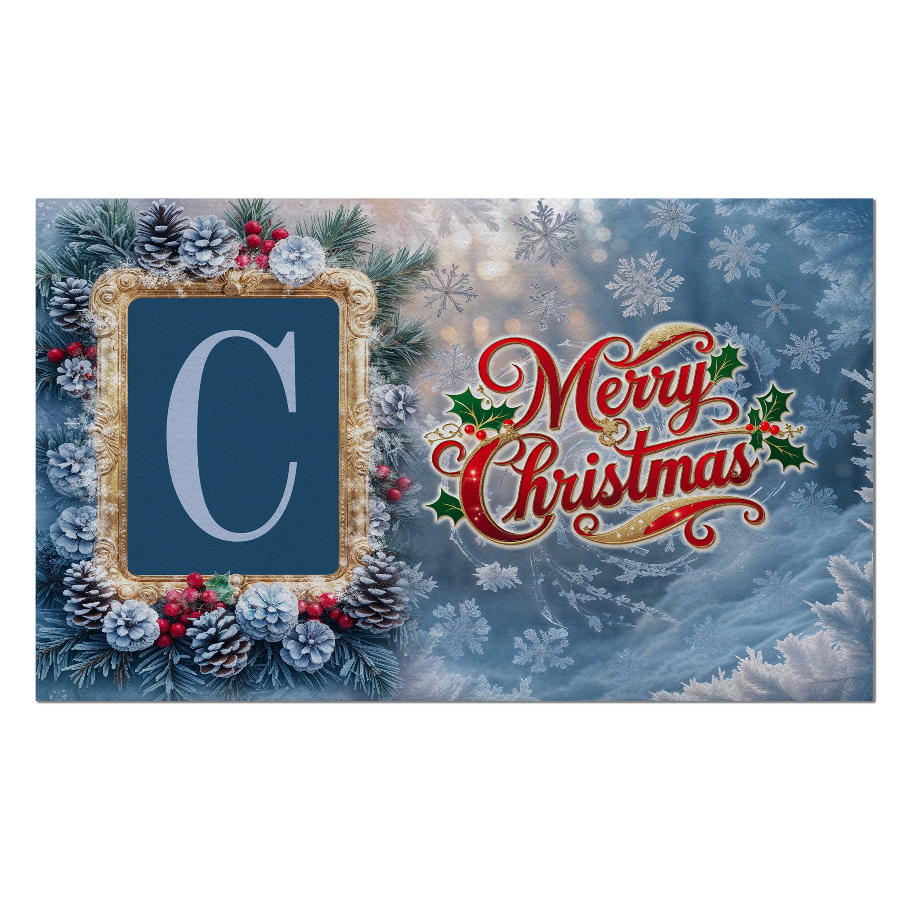 Christmas, Snowy Pine Cones, Monogram, Welcome Mat