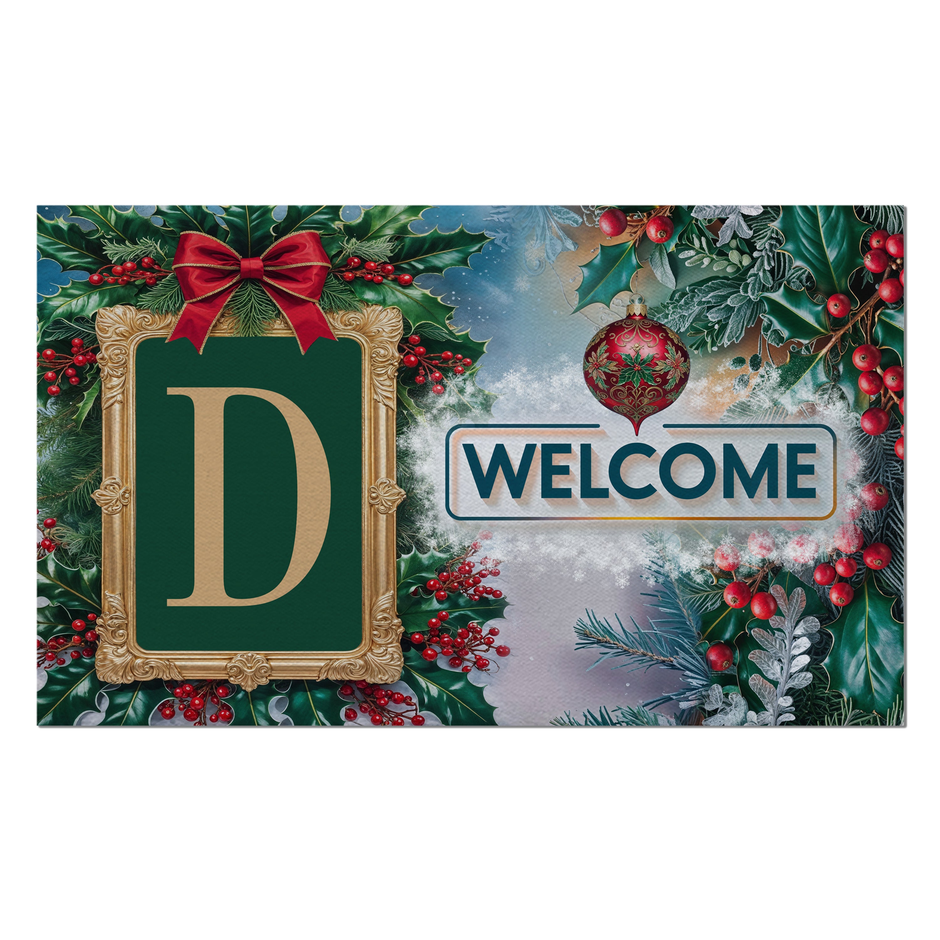 Christmas, Holly Berries Frame, Monogram, Welcome Mat