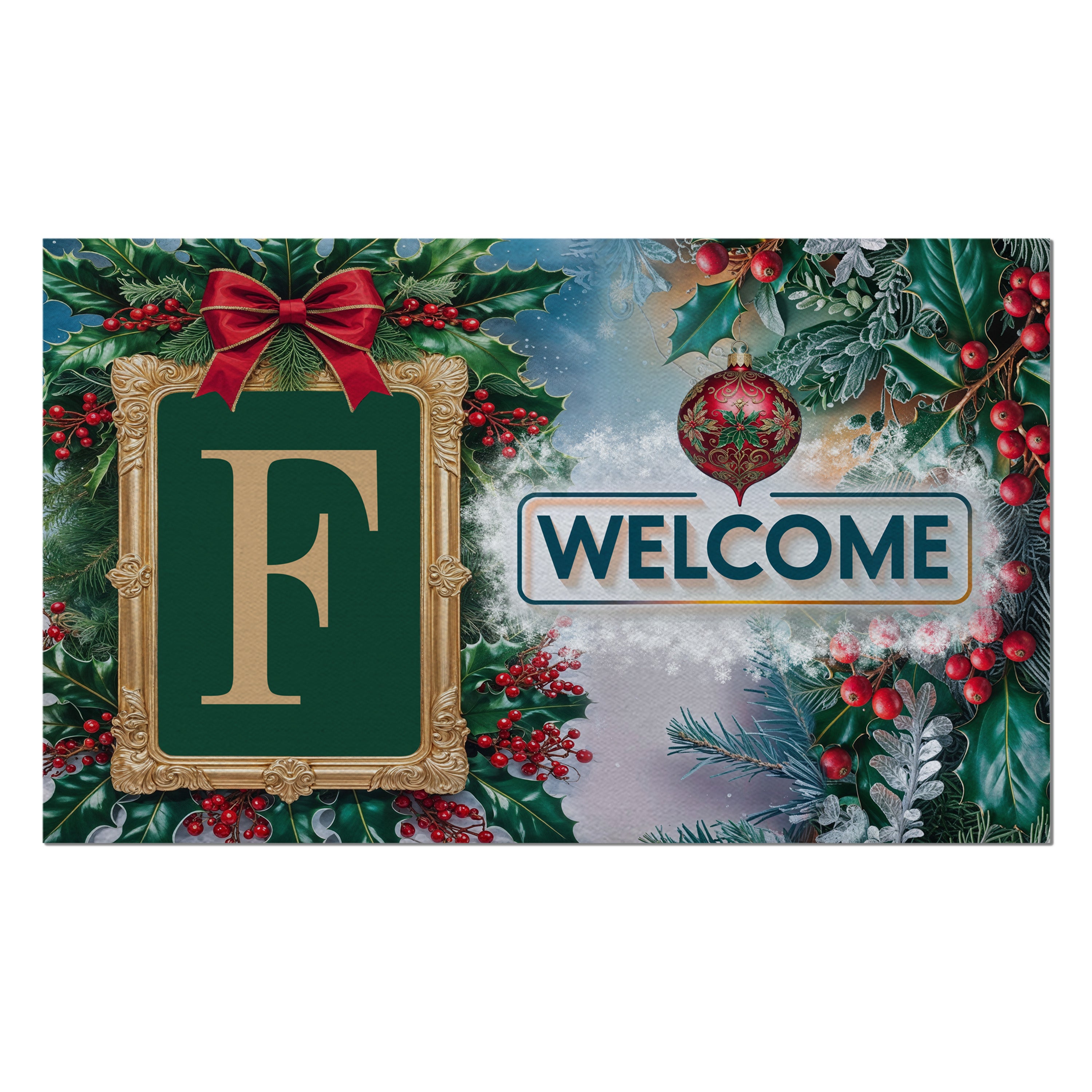 Christmas, Holly Berries Frame, Monogram, Welcome Mat