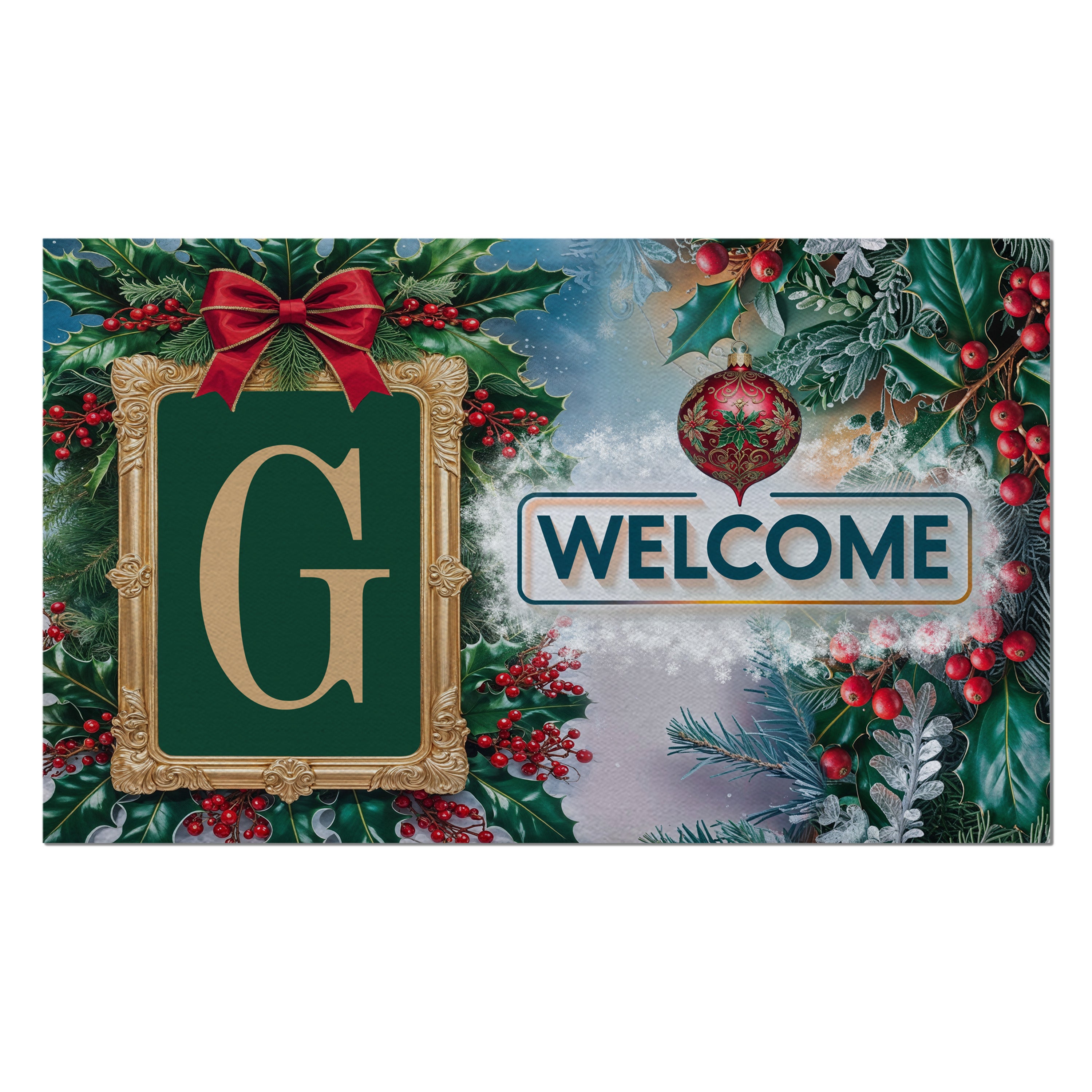 Christmas, Holly Berries Frame, Monogram, Welcome Mat