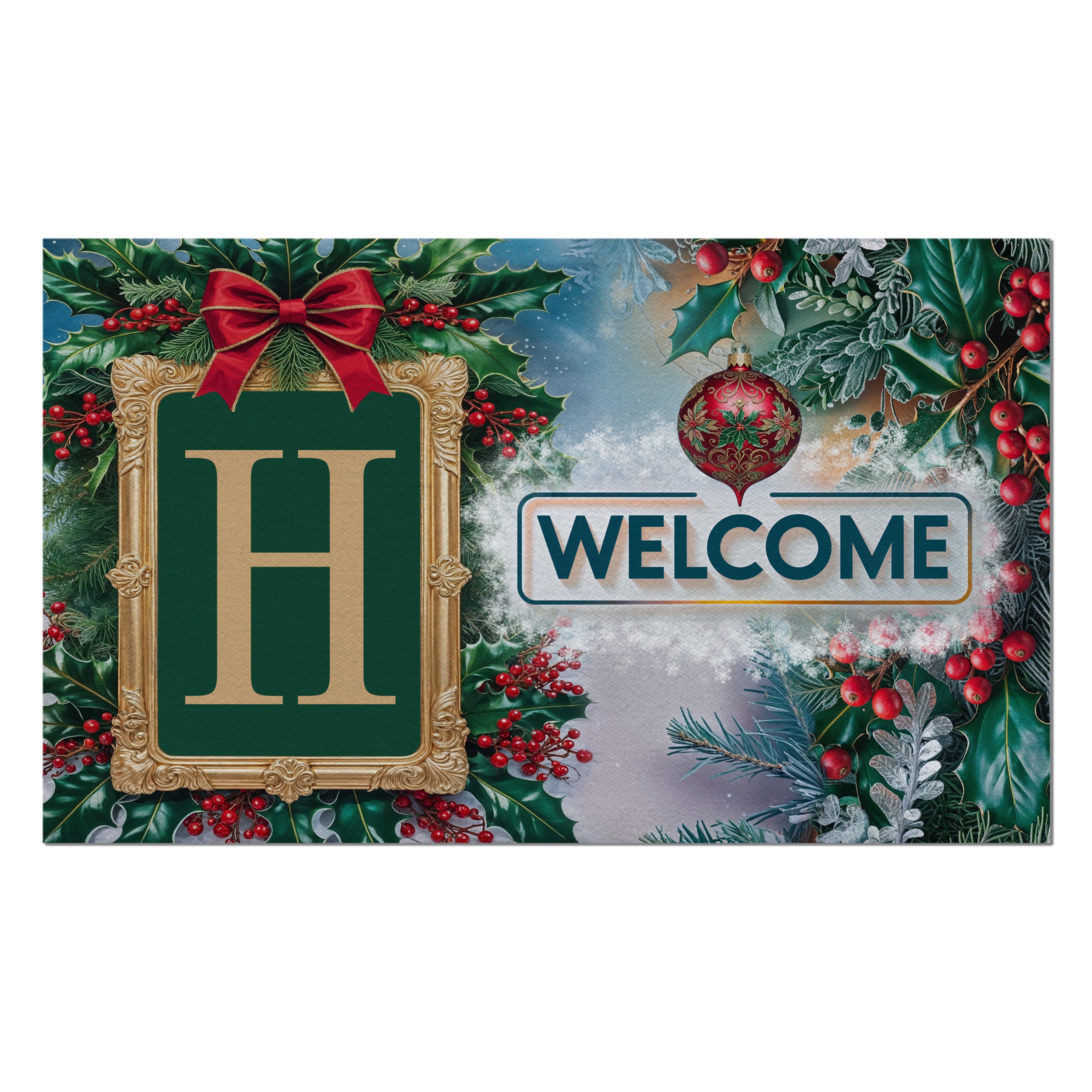 Christmas, Holly Berries Frame, Monogram, Welcome Mat
