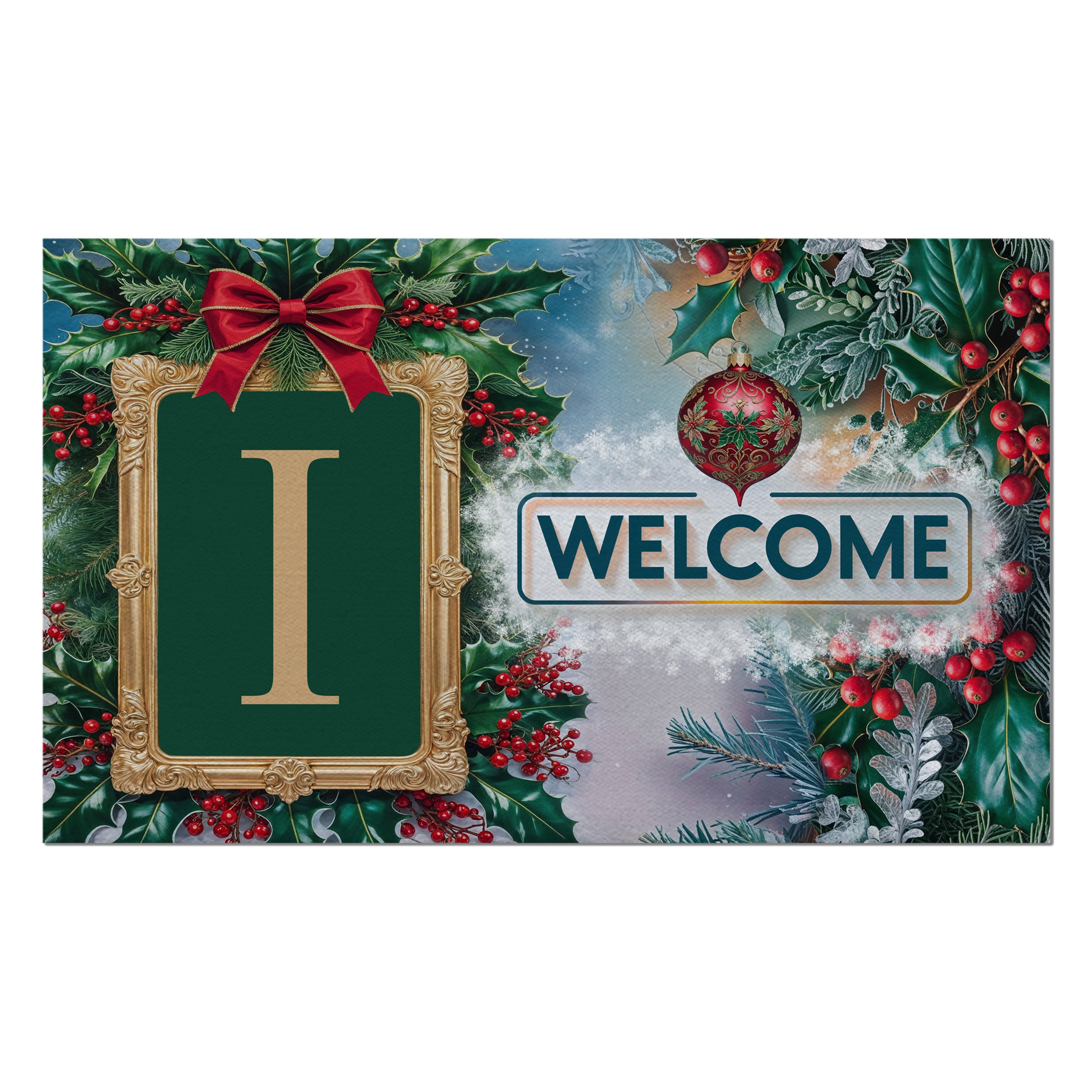 Christmas, Holly Berries Frame, Monogram, Welcome Mat