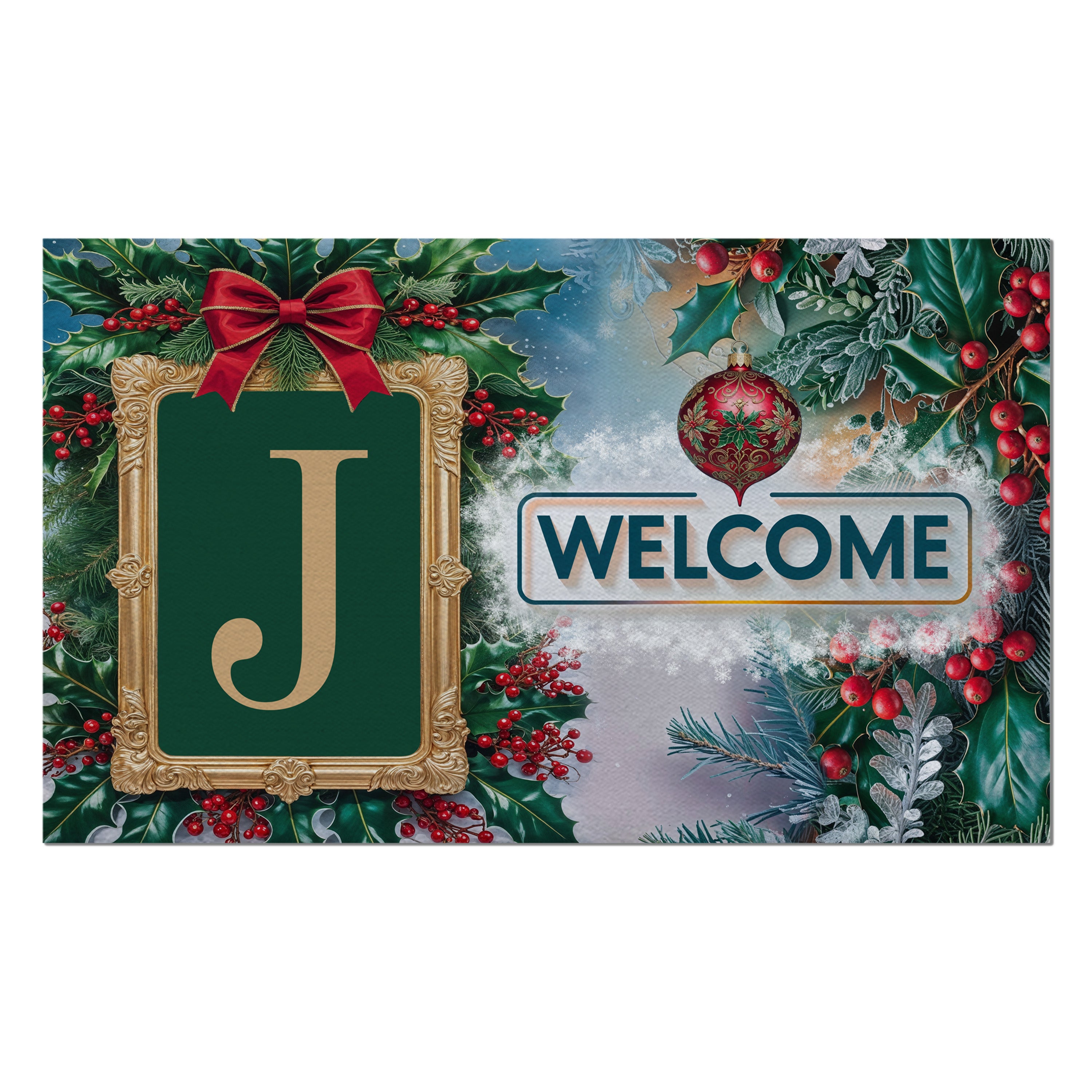Christmas, Holly Berries Frame, Monogram, Welcome Mat