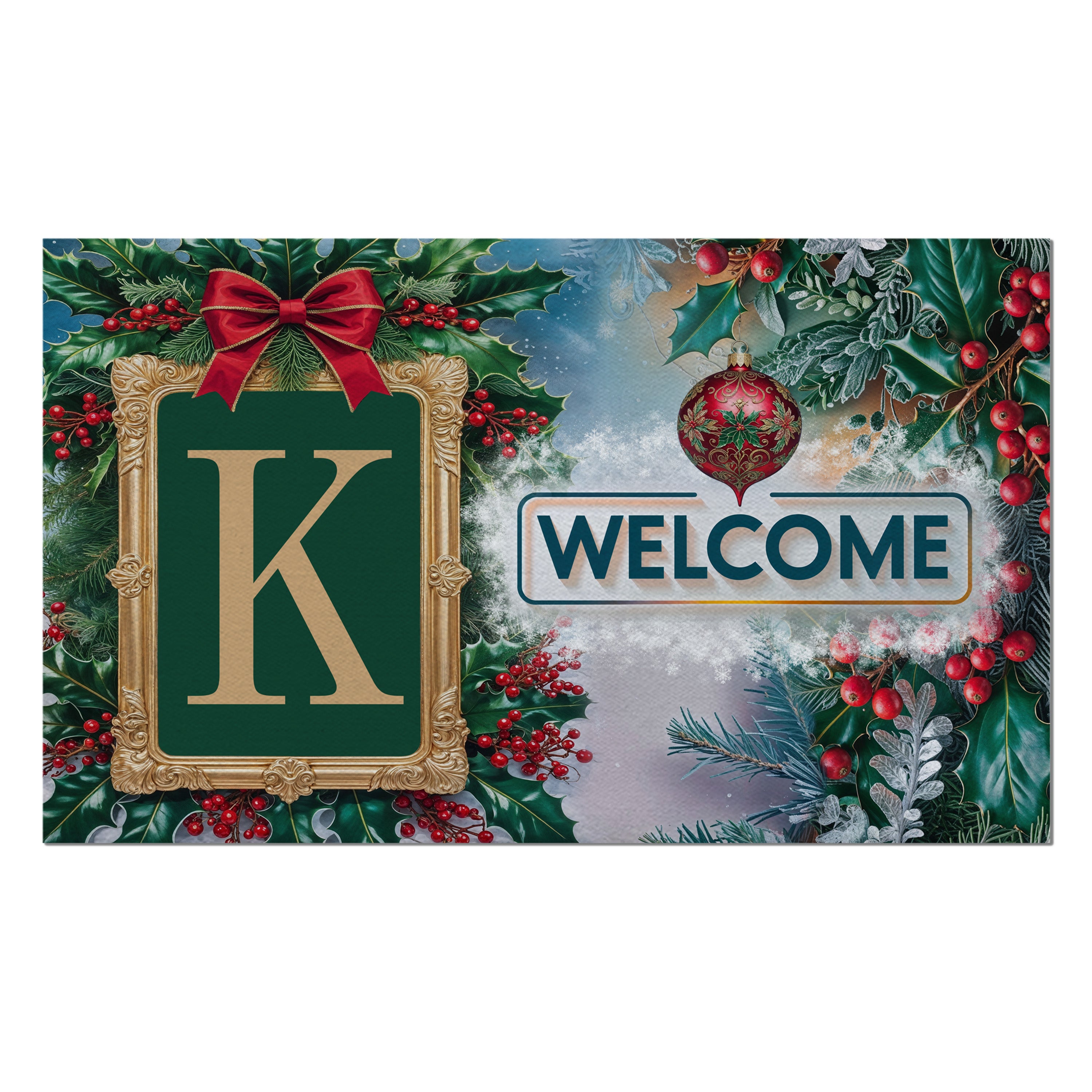 Christmas, Holly Berries Frame, Monogram, Welcome Mat