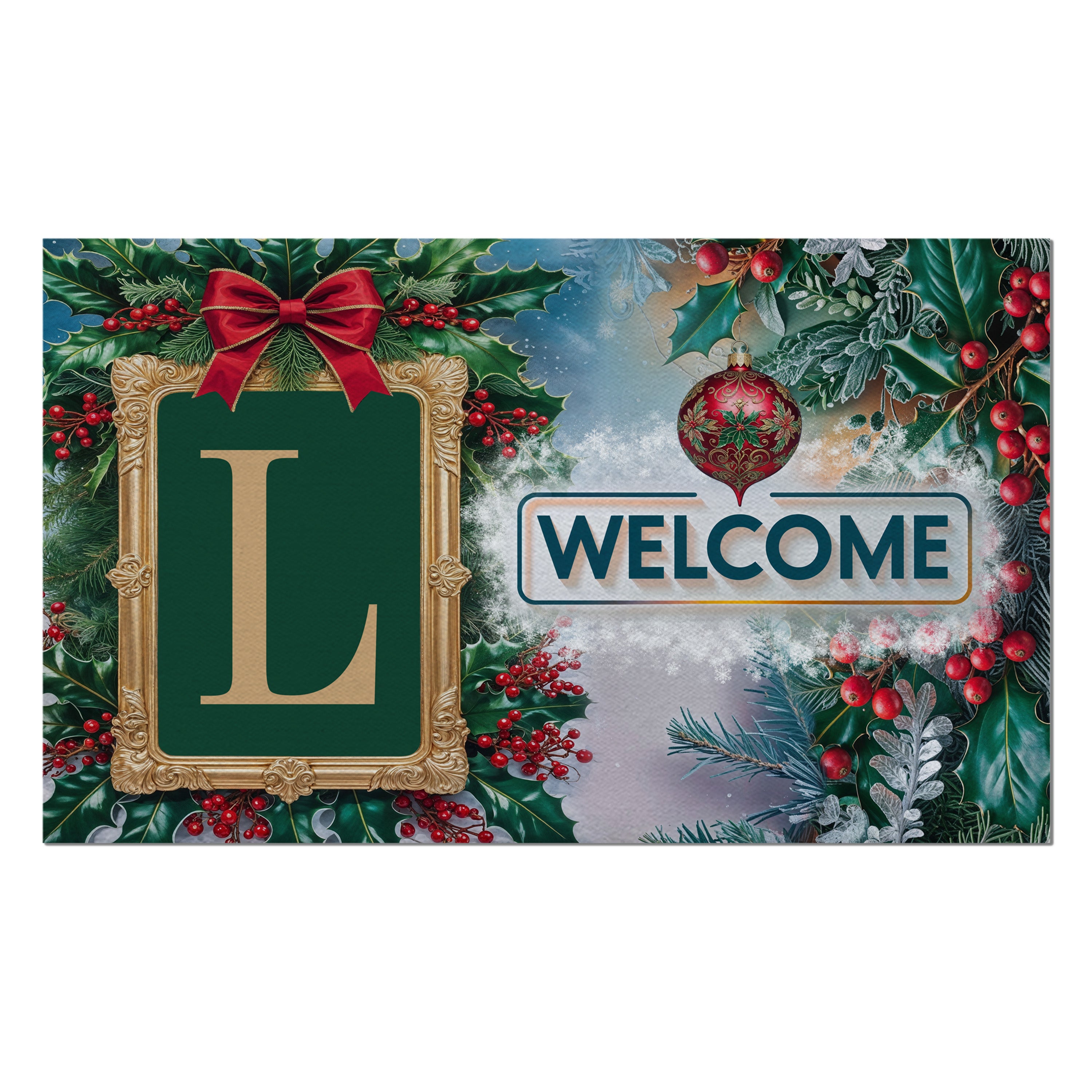 Christmas, Holly Berries Frame, Monogram, Welcome Mat