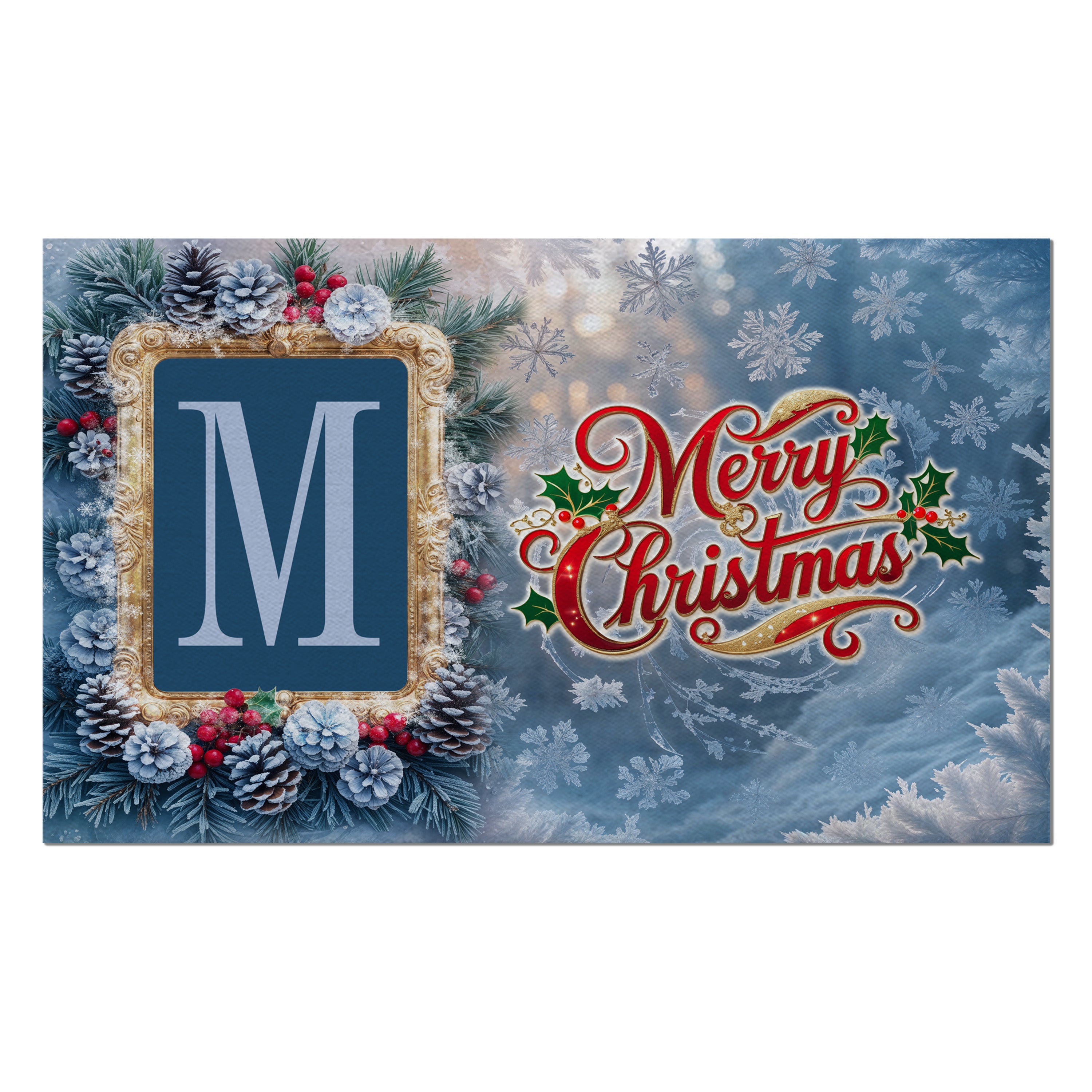 Christmas, Snowy Pine Cones, Monogram, Welcome Mat