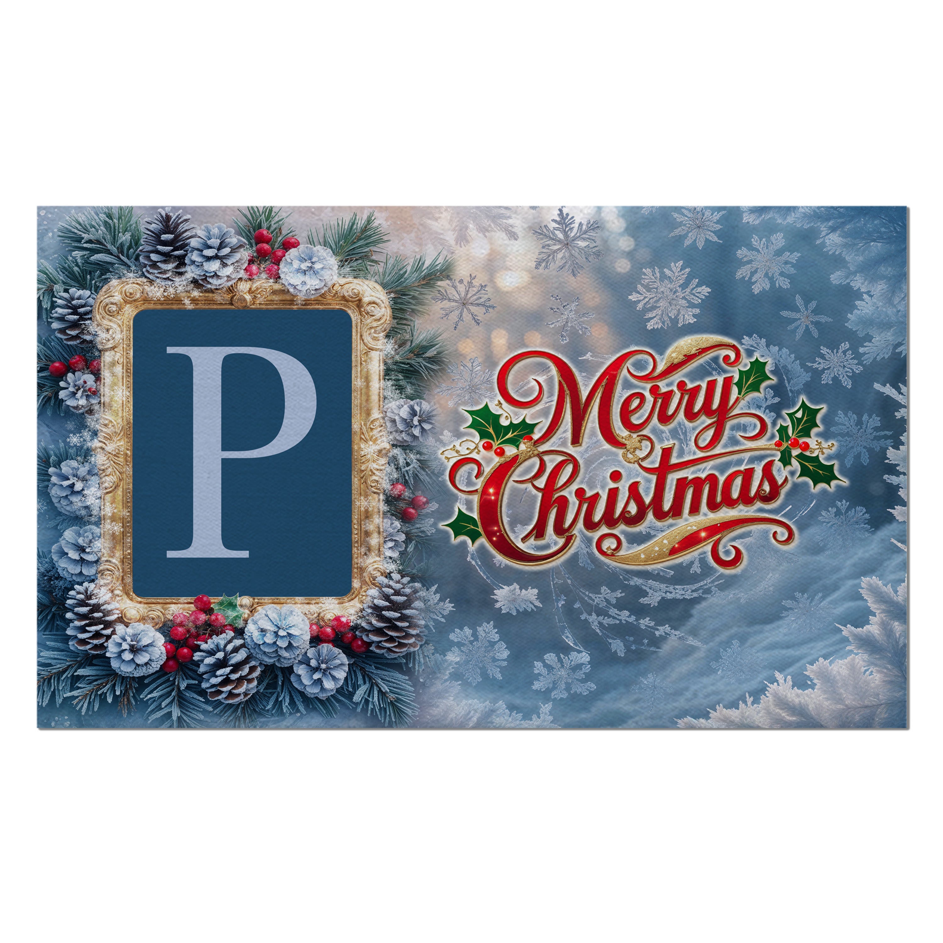Christmas, Snowy Pine Cones, Monogram, Welcome Mat
