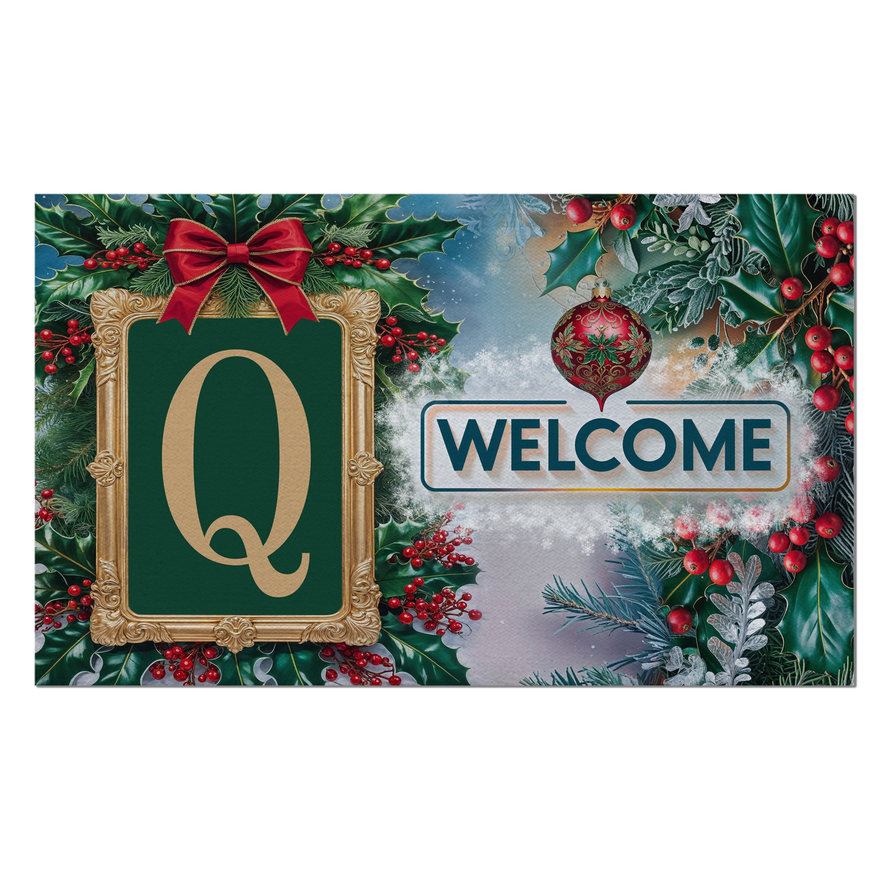 Christmas, Holly Berries Frame, Monogram, Welcome Mat
