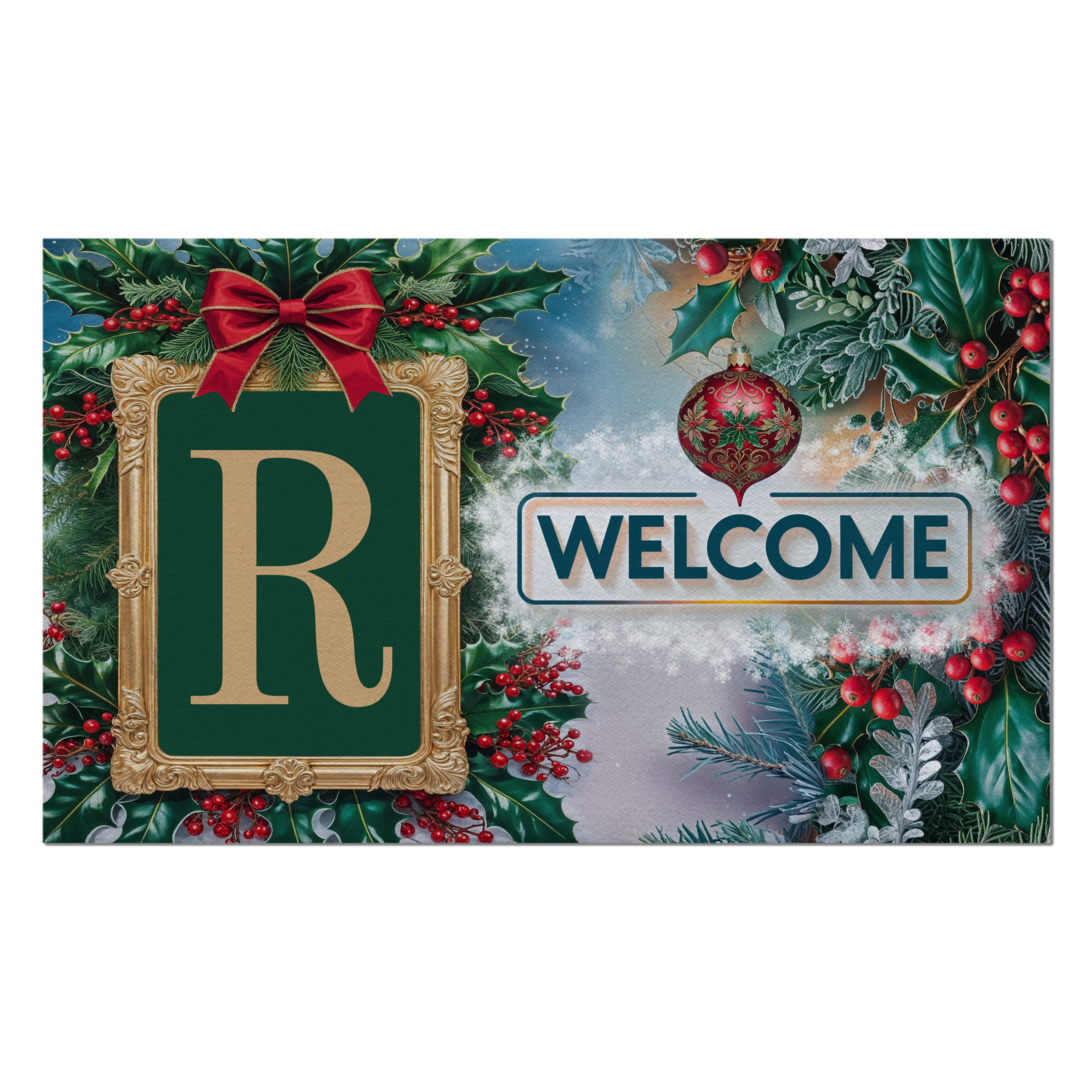 Christmas, Holly Berries Frame, Monogram, Welcome Mat