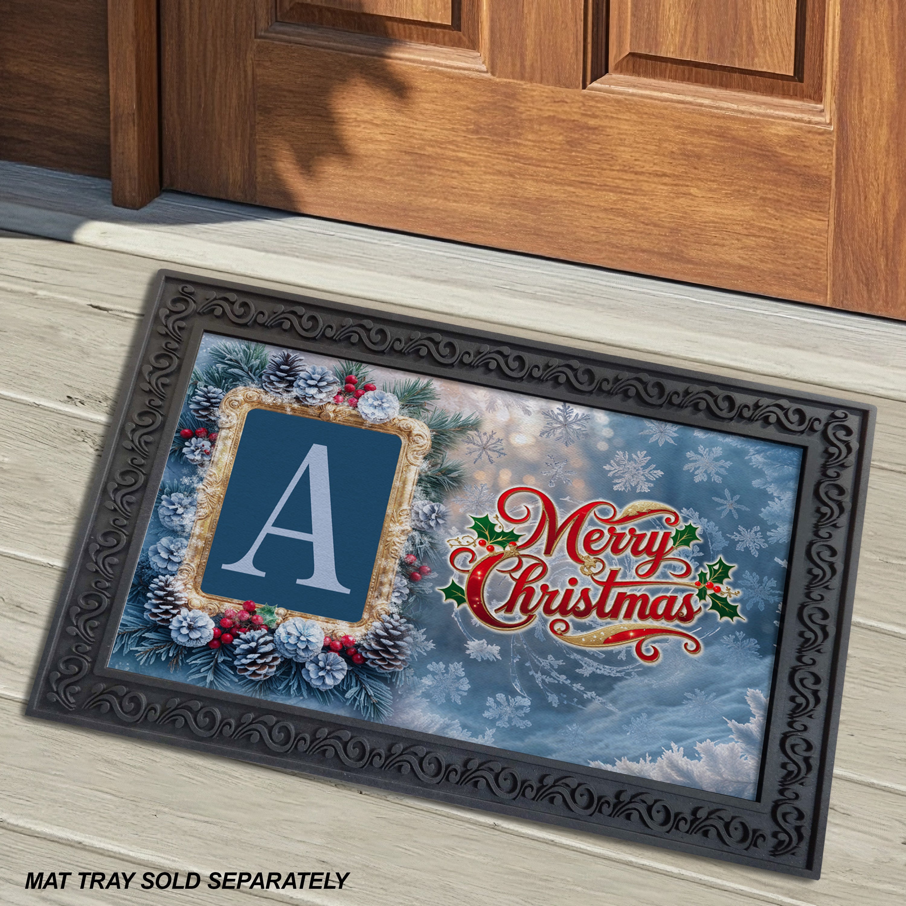 Christmas, Snowy Pine Cones, Monogram, Welcome Mat