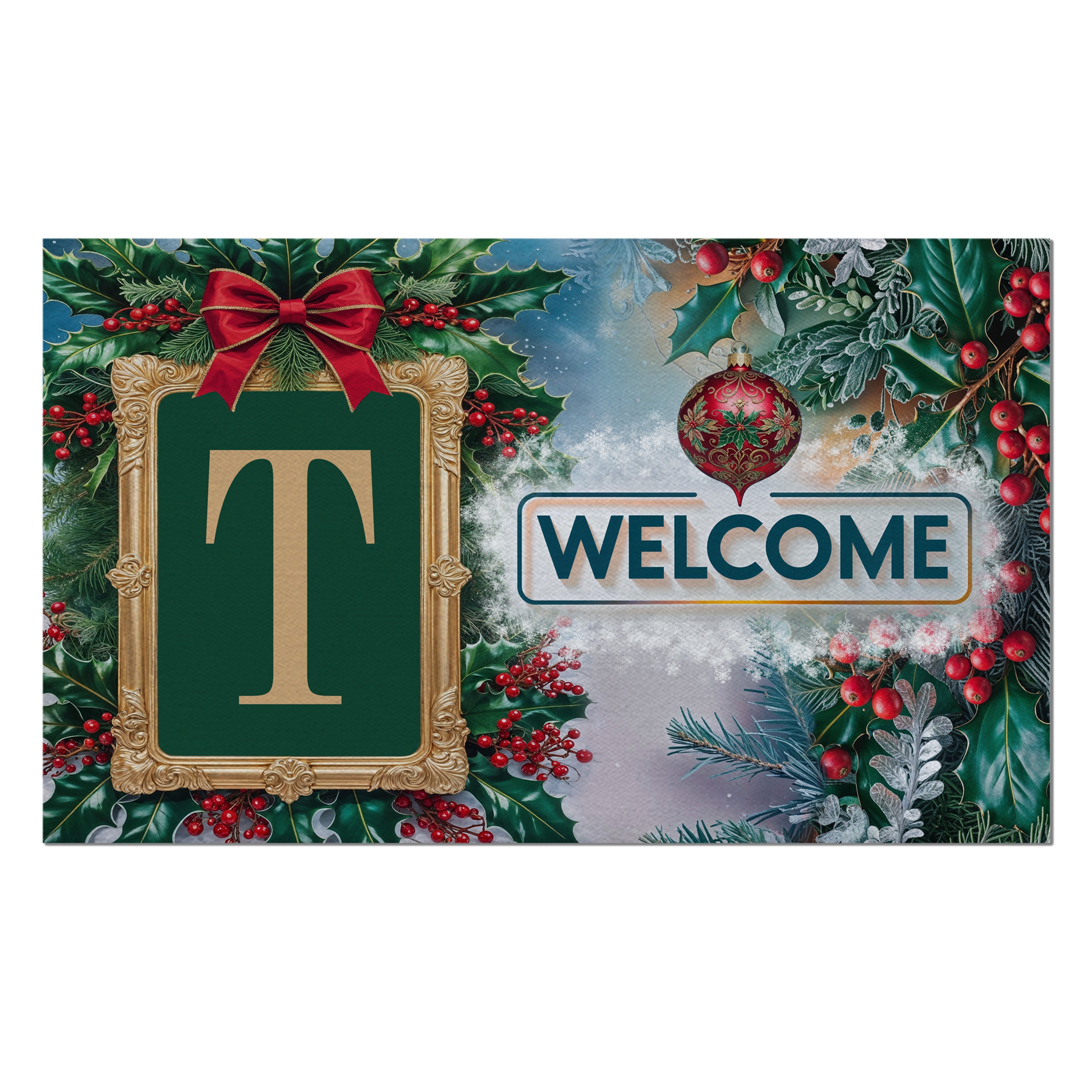 Christmas, Holly Berries Frame, Monogram, Welcome Mat