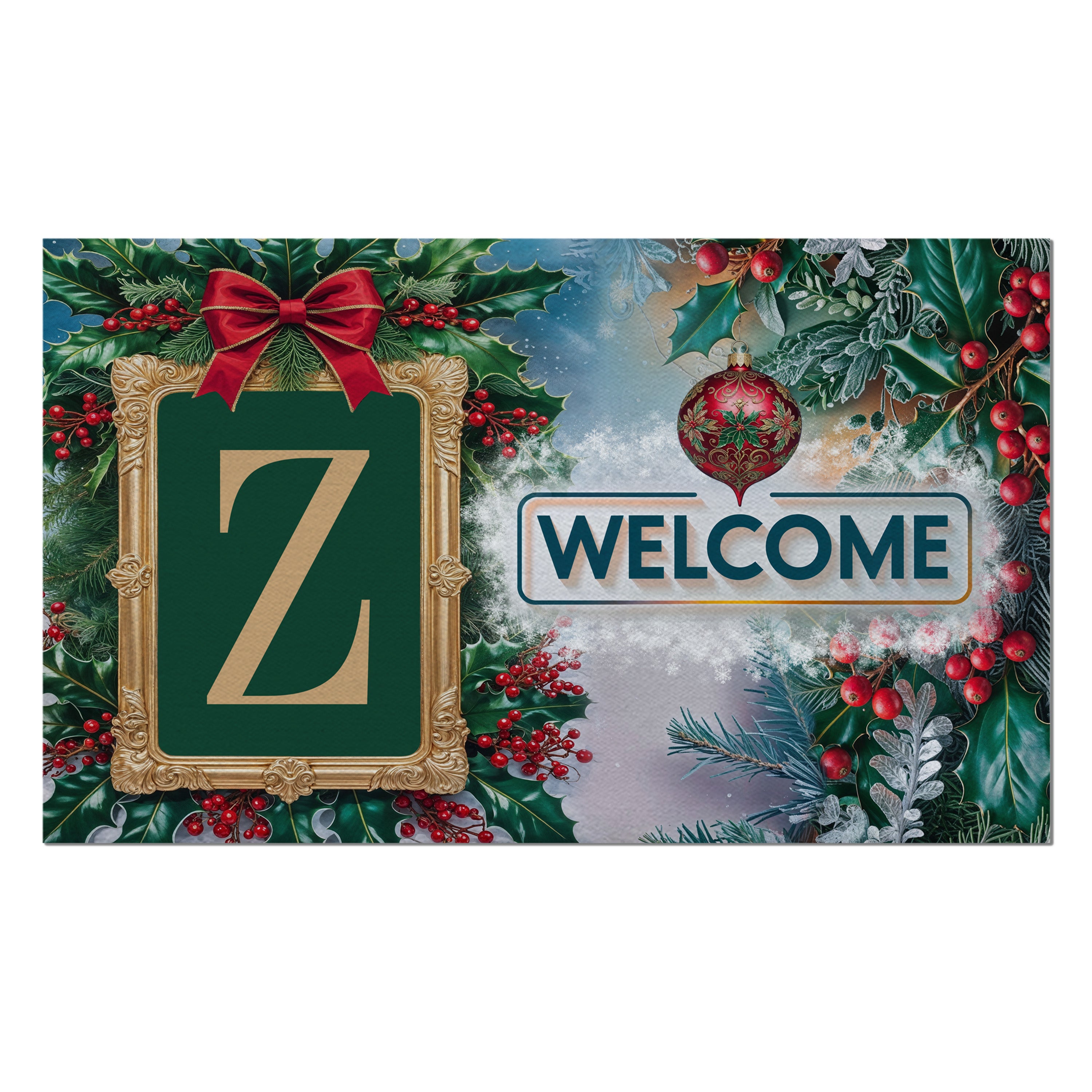 Christmas, Holly Berries Frame, Monogram, Welcome Mat